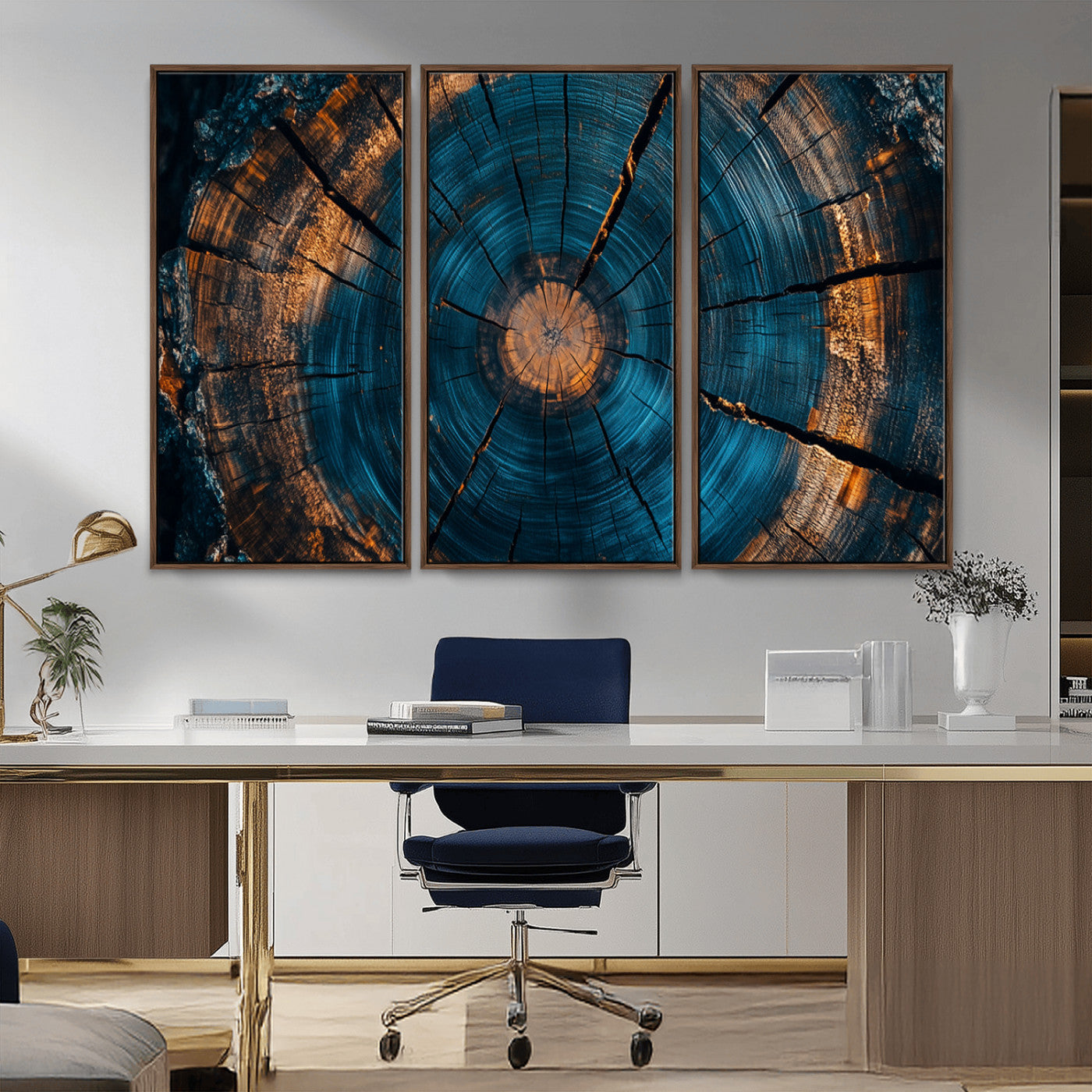 65231-MGV-CV-36X24-Blue and Gold Tree Ring Wall Art – Rustic Abstract Wood Slice Canvas Print, Modern Nature Inspired Artwork for Living Room,