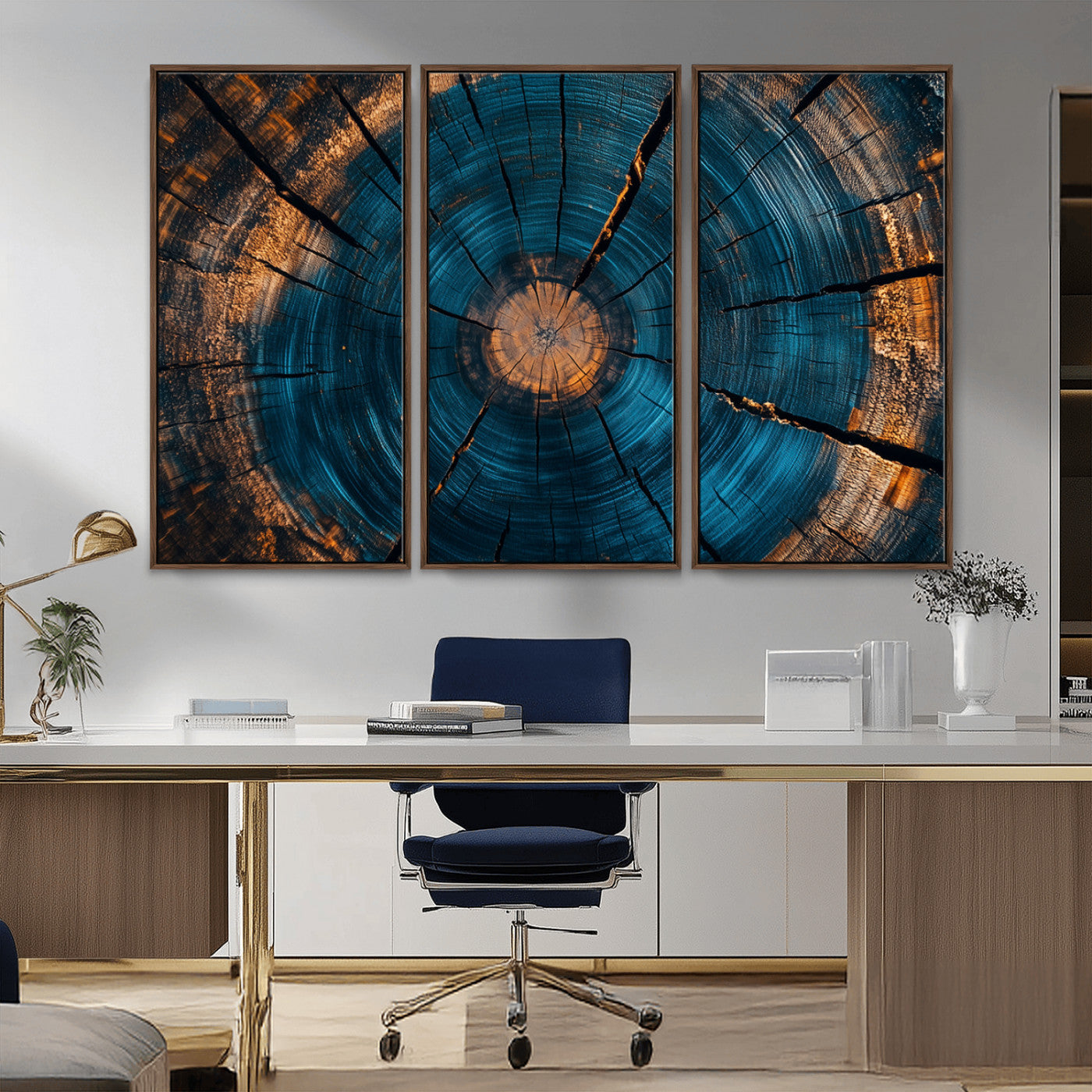 13398-MGV-FC-48X32-3P_Walnut-Tree Ring Wall Art – Abstract Wood Grain Canvas Print with Blue and Orange Accents, Rustic Nature Inspired Artwork for Living