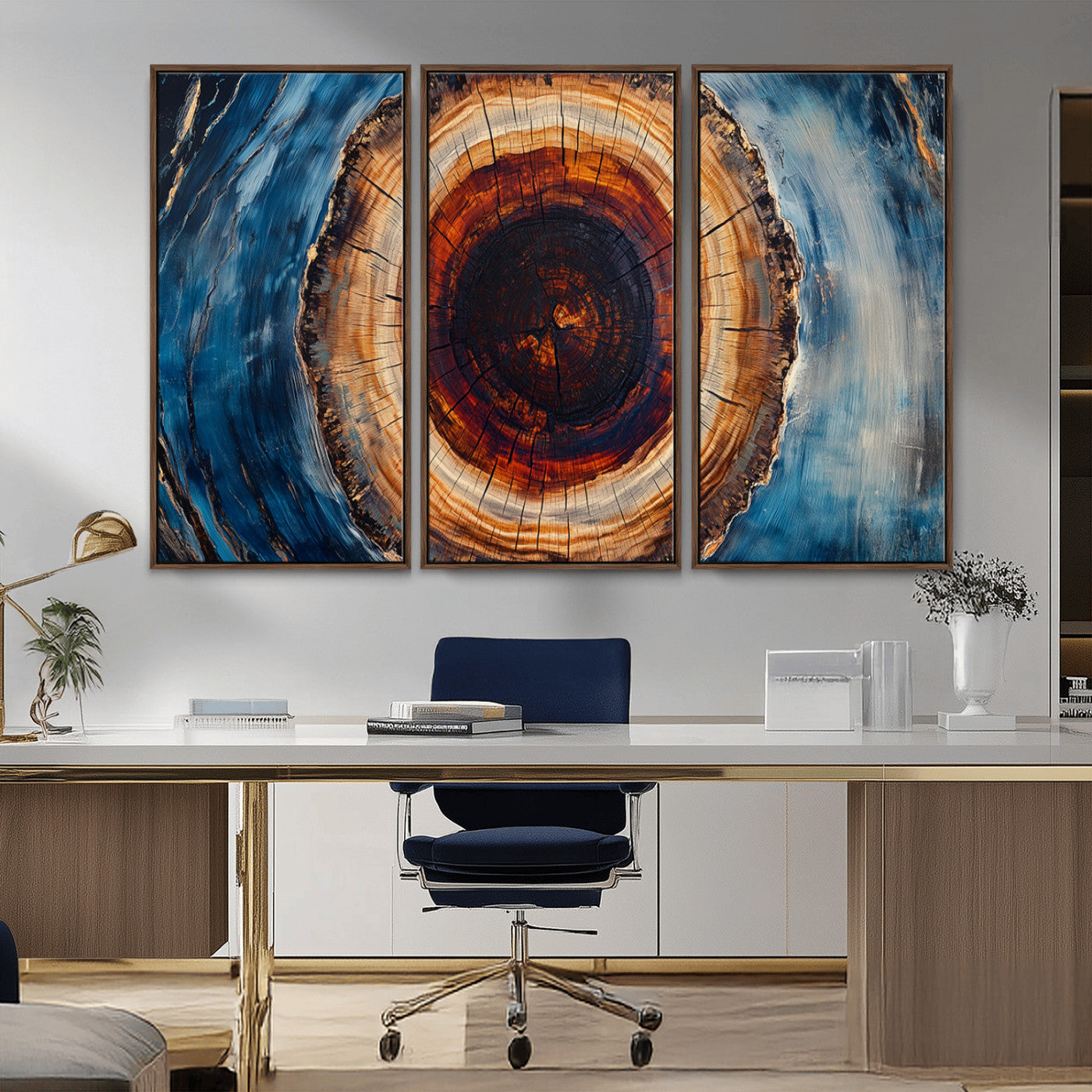 30457-MGV-CV-36X24-Tree Ring Wall Art – Abstract Wood Grain Canvas Print with Brown and Blue Swirl, Rustic Nature Inspired Artwork for Living Room,