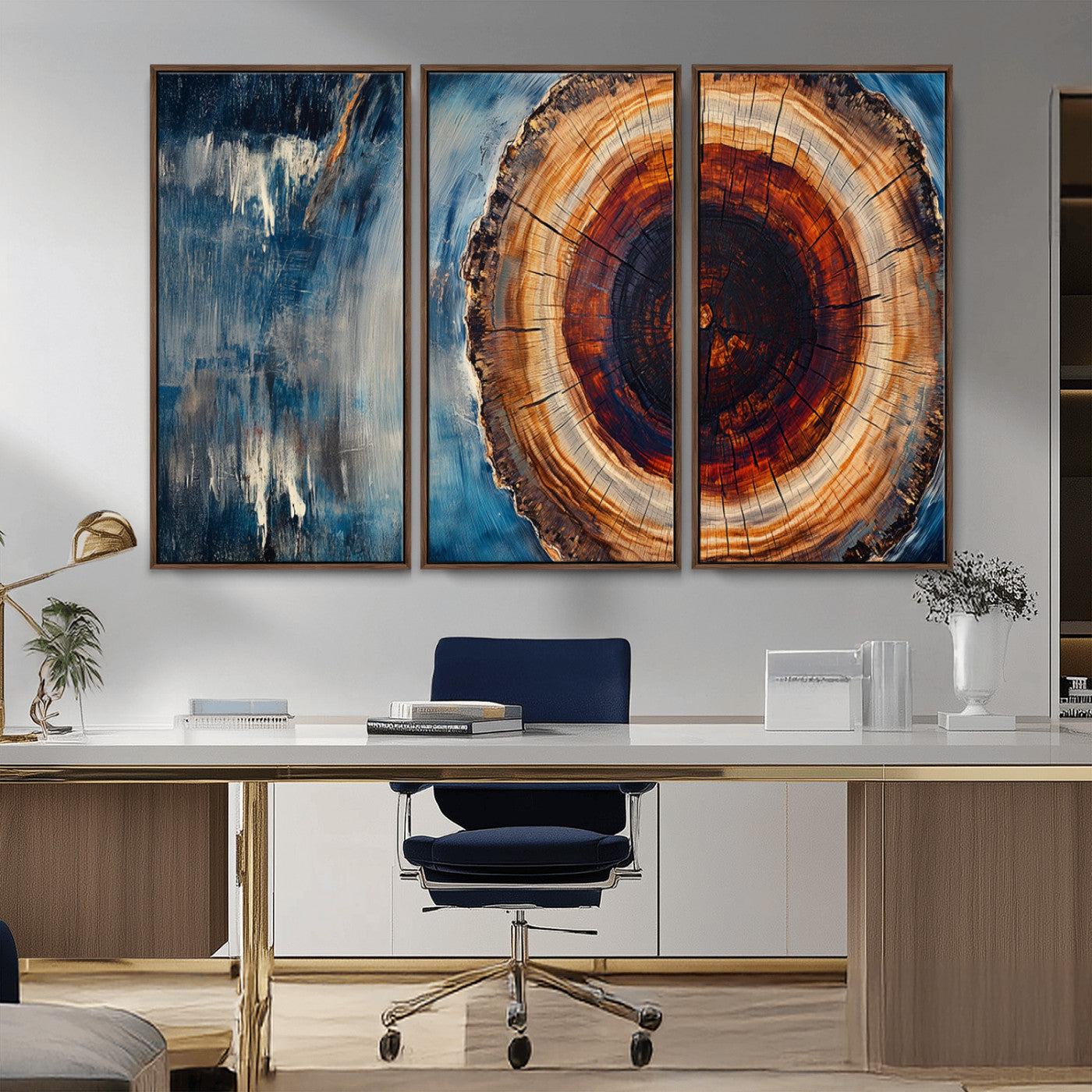 48045-MGV-FC-48X32-3P_Walnut-Tree Ring Abstract Wall Art – Rustic Wood Grain Canvas Print with Brown Center and Blue Brush Strokes, Nature Inspired Artwork for