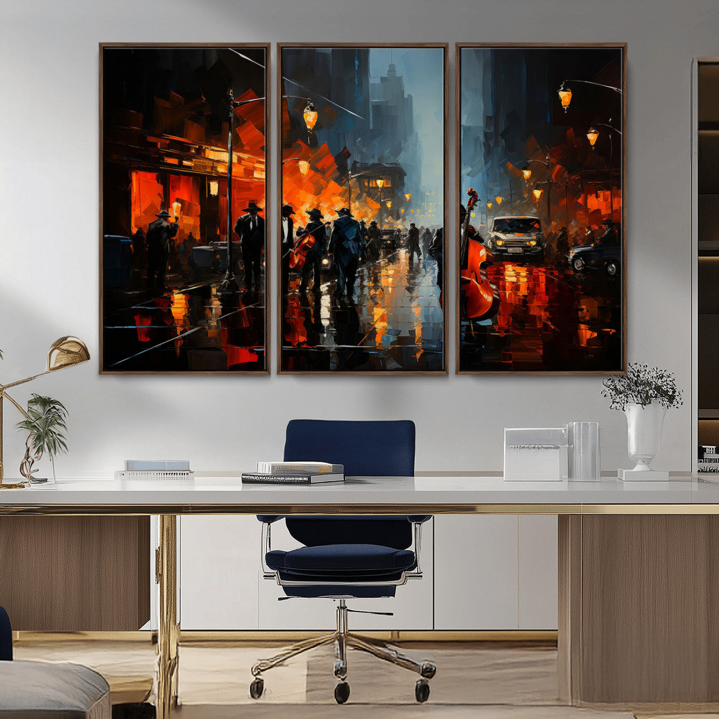 46538-MGV-CV-36X24-Urban Jazz Night Wall Art – Dramatic Music Canvas Print with Double Bass and Street Musicians, Modern City Scene Artwork for