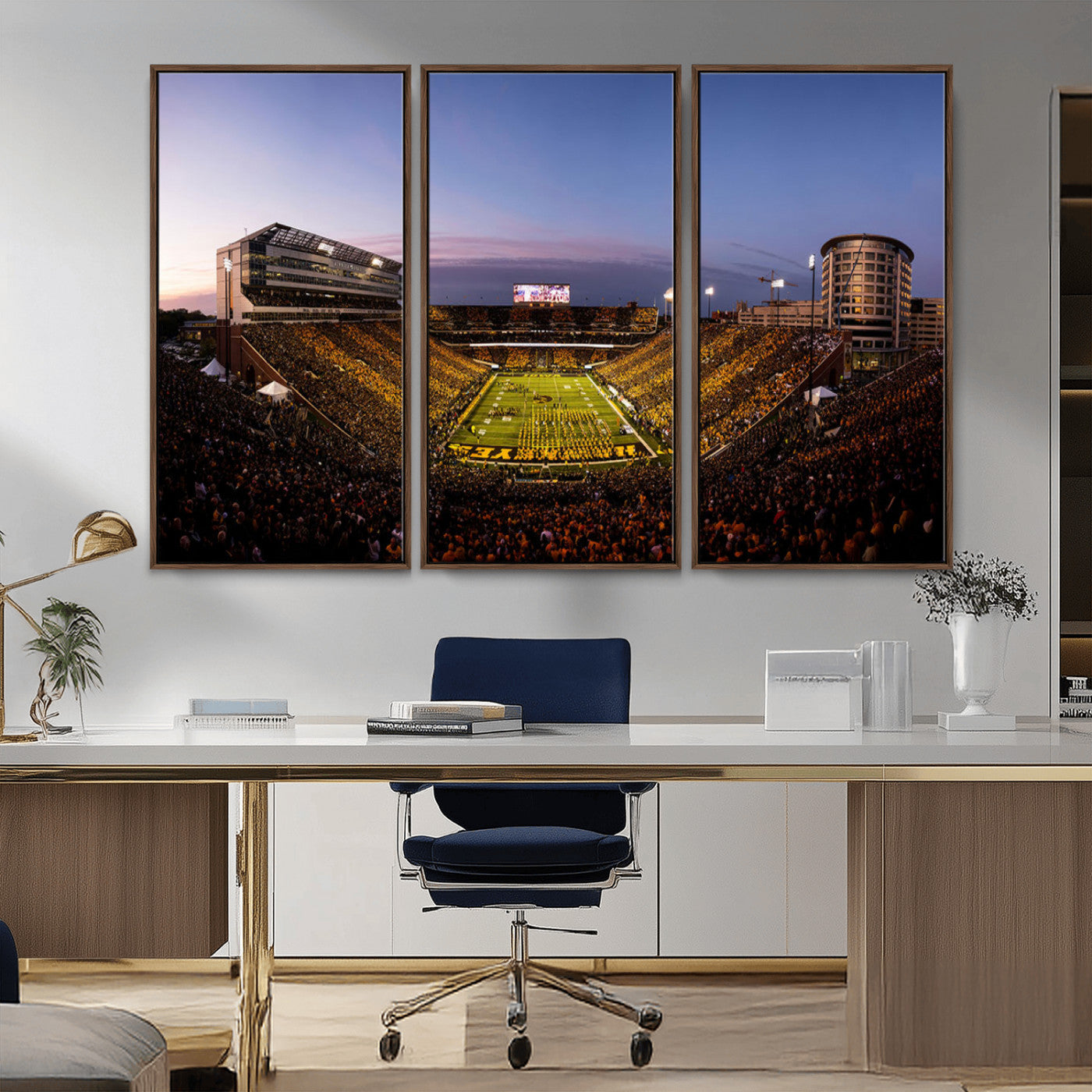 82557-MGV-CV-36X24-College Football Stadium Wall Art – Panoramic Sunset Canvas Print with Marching Band and Game Day Crowd, Sports Artwork for Man