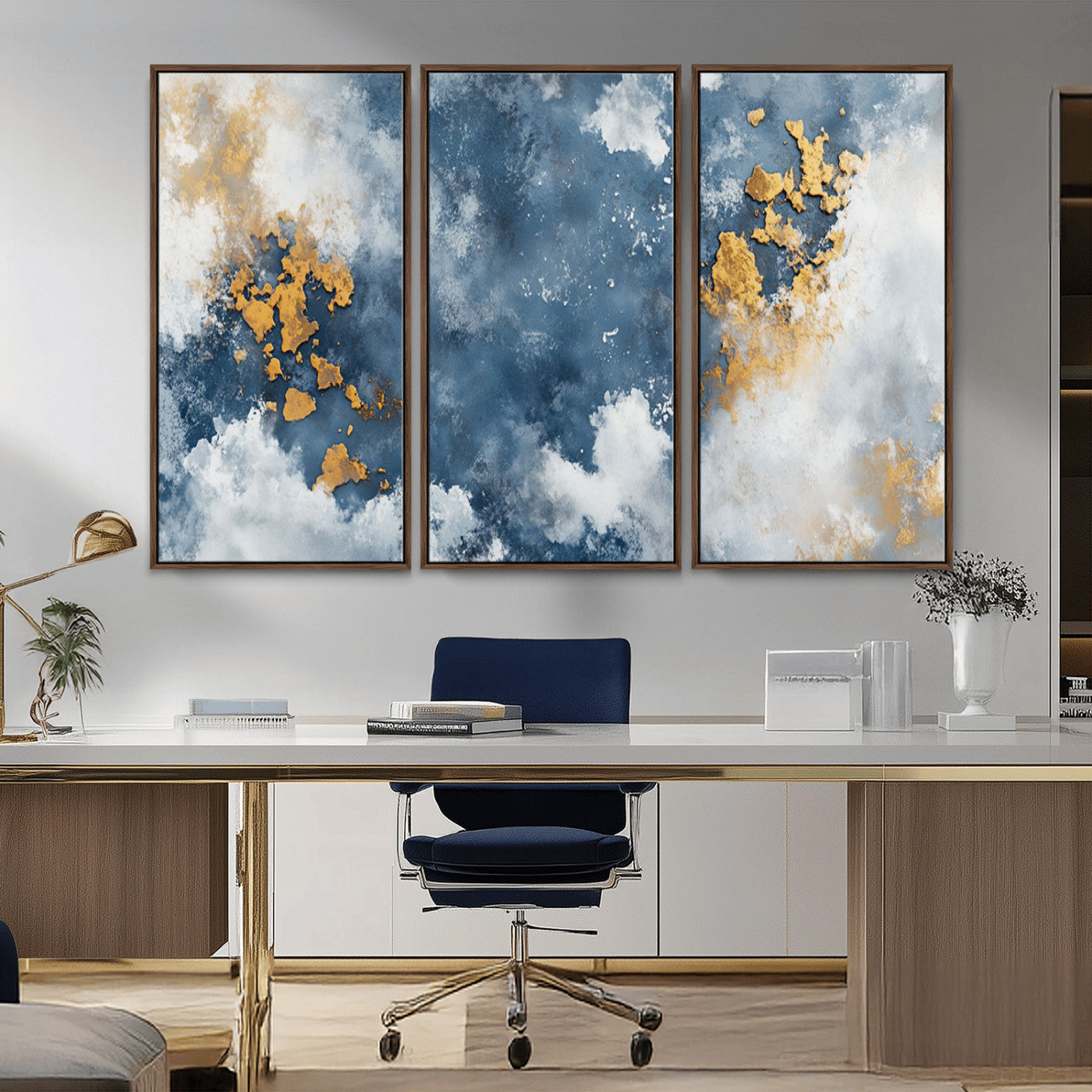 39575-MGV-CV-36X24-Blue and Gold Abstract Wall Art – Modern Canvas Print Featuring Cloudy Textures with Metallic Accents, Contemporary Artwork for