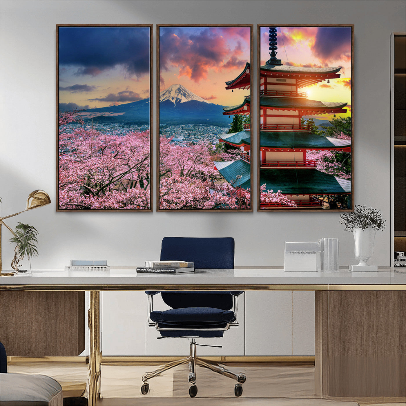 32331262-MGV-CV-36X24-Mount Fuji Japan Wall Art – Cherry Blossom Landscape Canvas Print, Chureito Pagoda Sunset Photography, Japanese Nature Travel