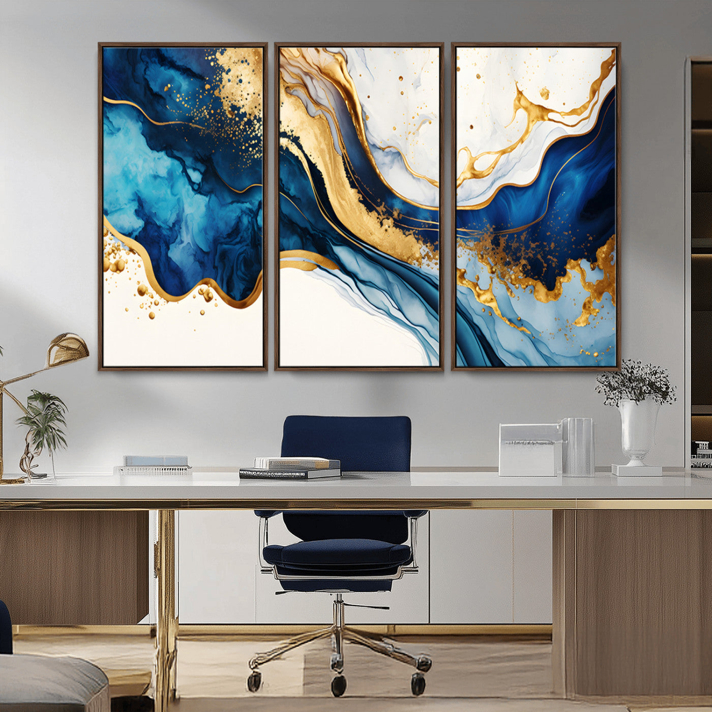 60283636-MGV-CV-36X24-Blue Gold Flow Wall Art Canvas Print, Framed Marble Texture Art Picture Print, Elegant Splash Perfect Elegant Abstract Decor