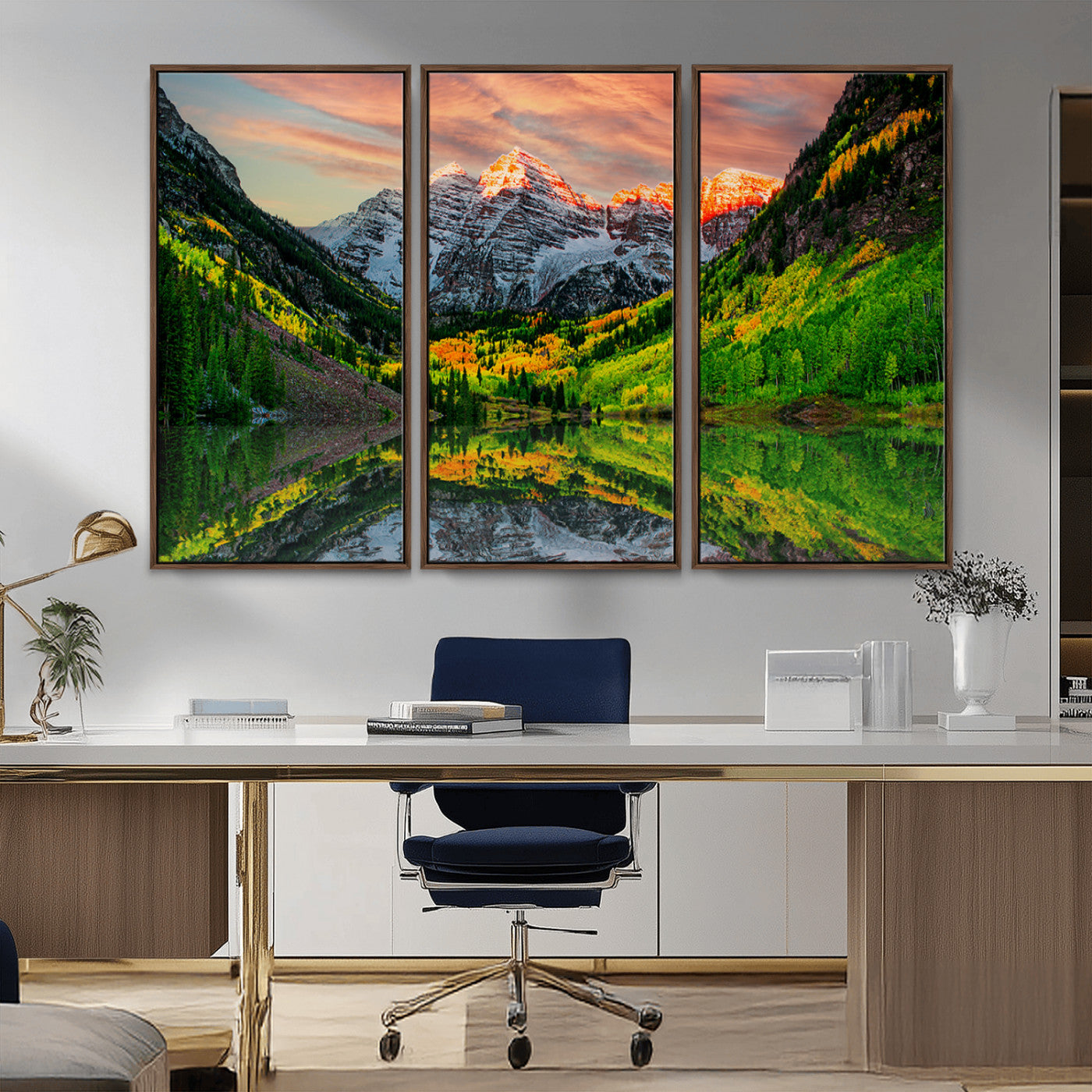 59533484-MGV-FC-48X32-3P_Walnut-Maroon Bells Autumn Wall Art – Panoramic Mountain Landscape Canvas Print, Sunset Reflection Nature Artwork for Living Room, Office