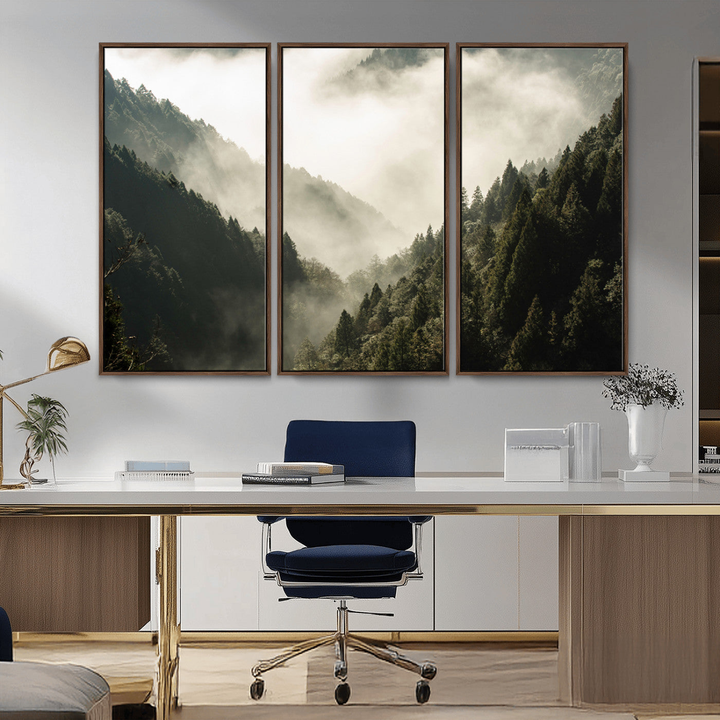 57570237-MGV-CV-36X24-Misty Valley Wall Art Canvas Print, Framed Foggy Forest Art Picture Print, Pine Trees Perfect Moody Woodland Decor Artwork