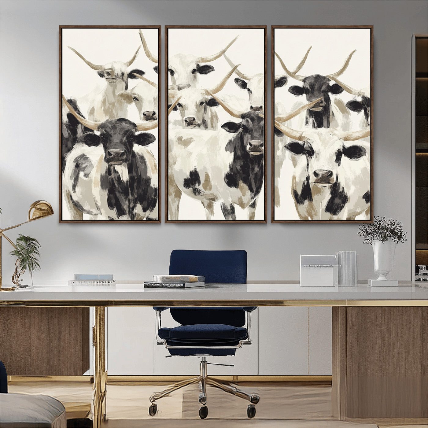 52947970-MGV-CV-36X24-Texas Longhorn Wall Art Canvas Print, Framed Cattle Herd Art Picture Print, Herd Portrait Perfect Modern Farmhouse Decor Artwork