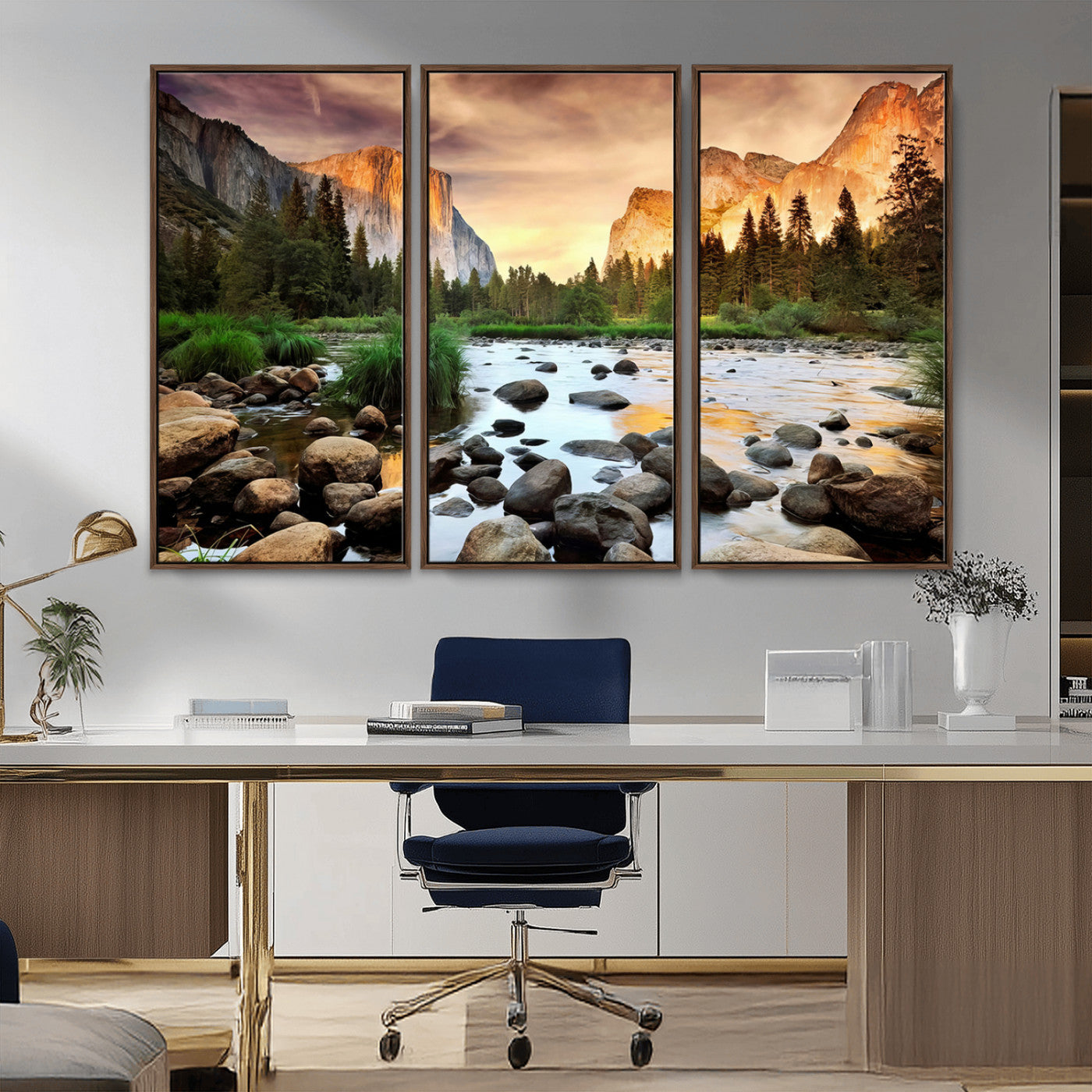 90956031-MGV-FC-48X32-3P_Walnut-Yosemite Valley Wall Art – Scenic Mountain River Landscape Canvas Print, Nature Photography for Living Room, Bedroom, Cabin,