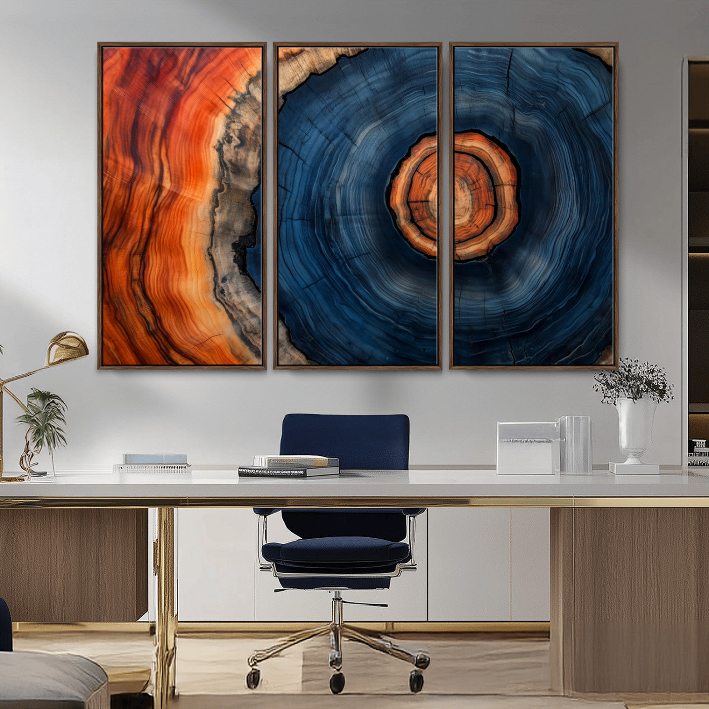 72209152-MGV-CV-36X24-Abstract Tree Ring Wall Art – Vibrant Blue Orange Wood Grain Canvas Print, Rustic Modern Nature Artwork for Living Room, Office,