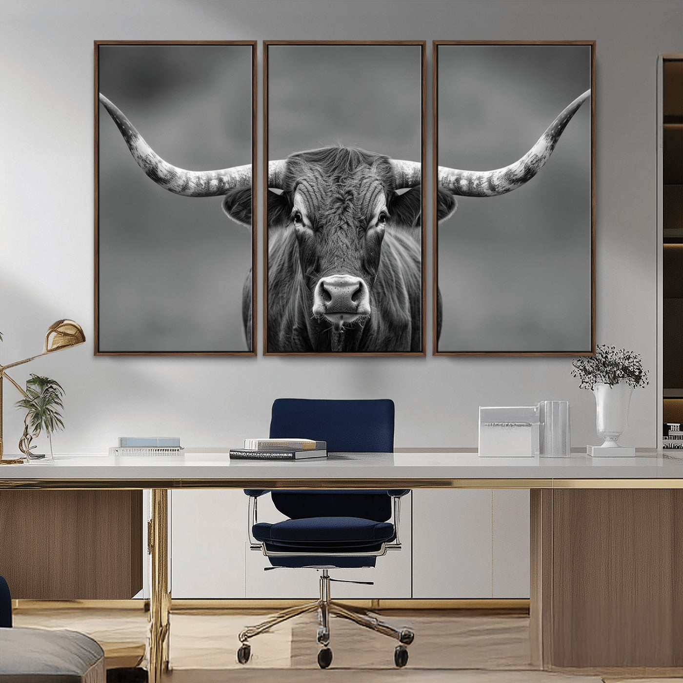 81228550-MGV-CV-36X24-Framed Texas Longhorn Bull Art Canvas Print, Western Bull Wall Art Print, Long Horn Bull Photo Print for Log Cabin, Large Bull