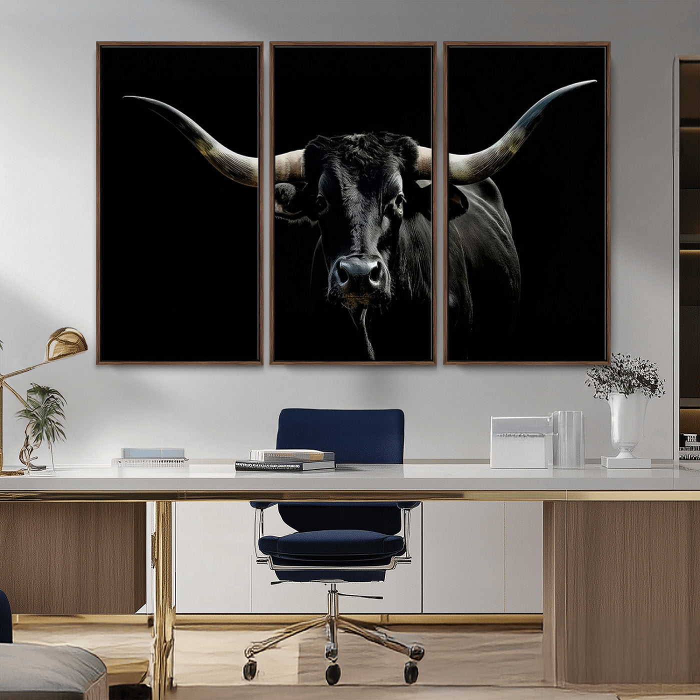 37531960-MGV-CV-36X24-Black Longhorn Bull Wall Art – Dramatic Western Cattle Canvas Print, Rustic Farmhouse Animal Artwork for Living Room, Bedroom,