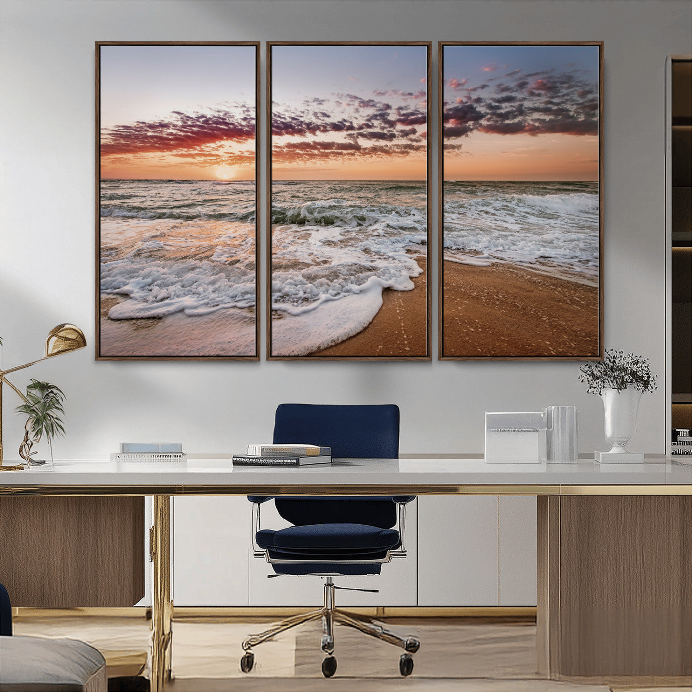 39846389-MGV-CV-36X24-Ocean Sunset Wall Art Canvas Print, Framed Sandy Shore Art Picture Print, Gentle Waves Perfect Minimalist Coastal Decor Artwork