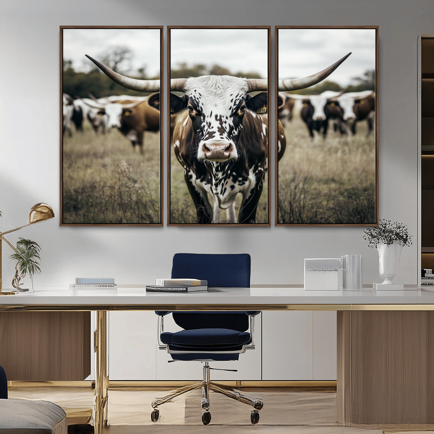79025945-MGV-CV-36X24-Texas Longhorn Wall Art Canvas Print, Framed Speckled Cow Art Picture Print, Horned Cattle Perfect Rustic Western Decor Artwork
