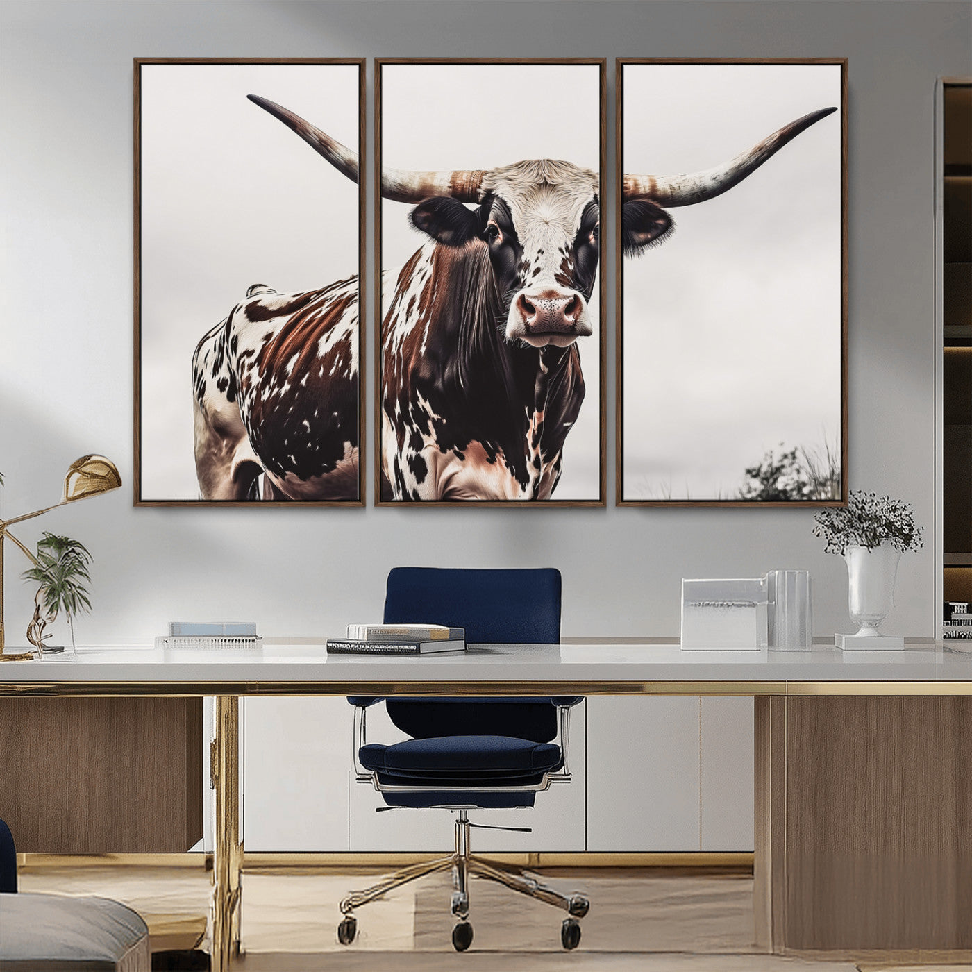 95249234-MGV-CV-36X24-Texas Longhorn Wall Art Canvas Print, Framed Spotted Bull Art Picture Print, Horned Cattle Perfect Rustic Farmhouse Decor Artwork