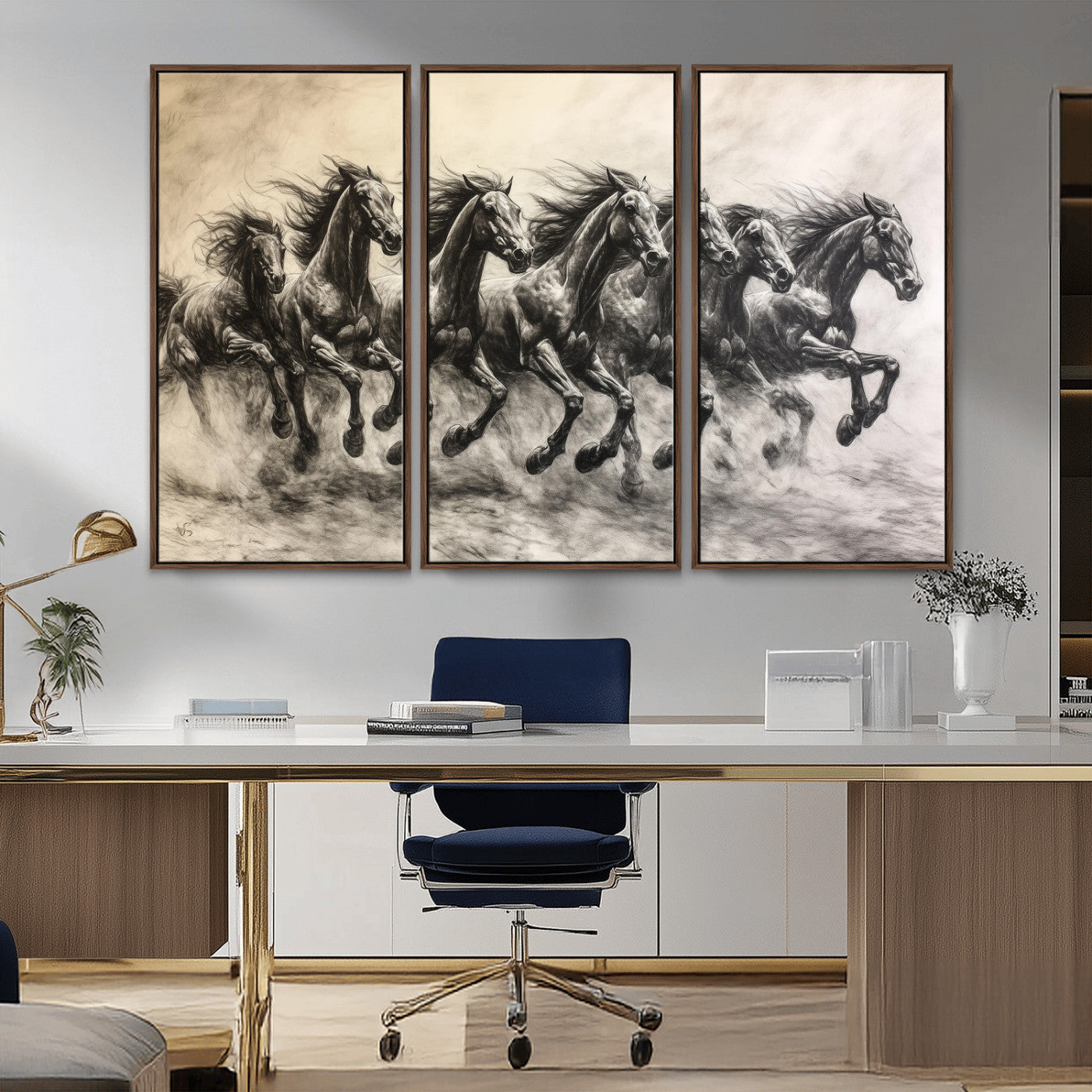 56089591-MGV-CV-36X24-Galloping Horses Wall Art Canvas Print, Framed Wild Stallions Art Picture Print, Horse Herd Sketch Perfect Monochrome Dynamic