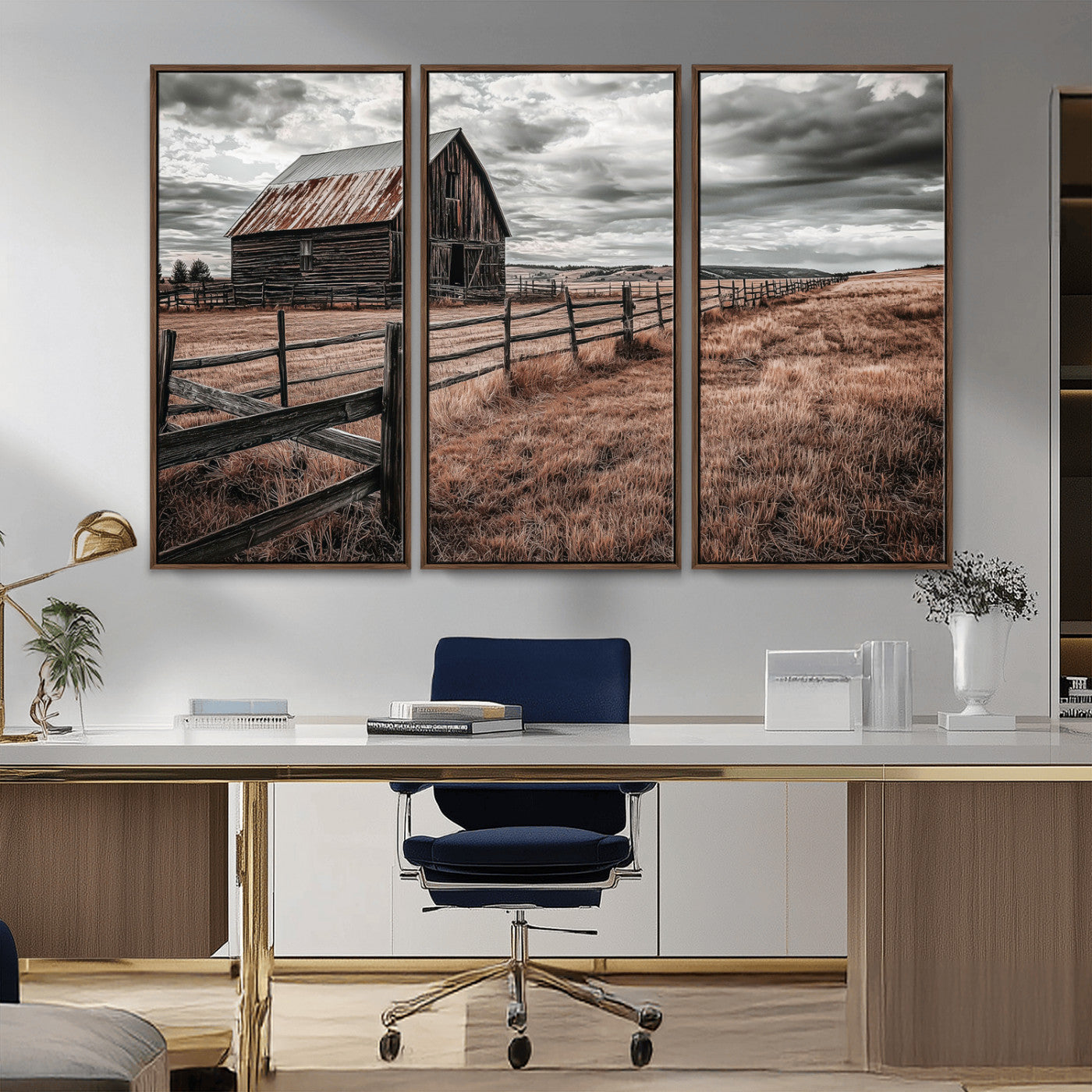73898372-MGV-CV-36X24-Rustic Barn Wall Art Canvas Print, Framed Moody Field Art Picture Print, Weathered Fence Perfect Moody Farmhouse Decor Artwork