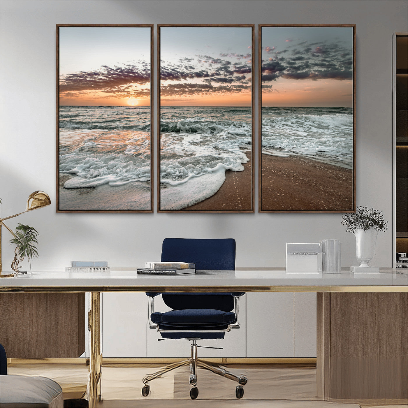 40632752-MGV-CV-36X24-Ocean Sunset Wall Art Canvas Print, Framed Beach Waves Art Picture Print, Coastal Scene Perfect Coastal Decor Artwork