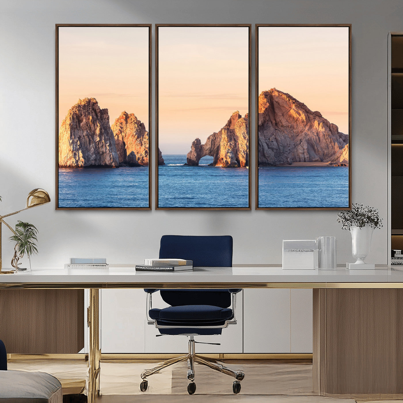 72996116-MGV-CV-36X24-El Arco Wall Art Canvas Print, Framed Cabo Rocks Art Picture Print, Ocean Arch Perfect Golden Coastal Landmark Decor Artwork