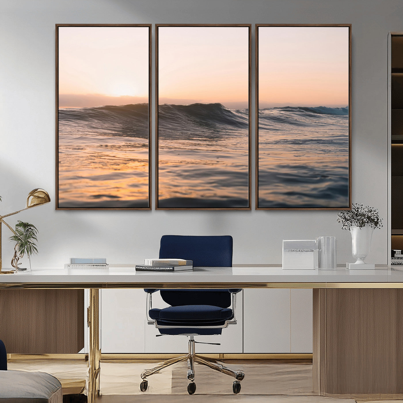 46299358-MGV-CV-36X24-Sunset Waves Wall Art Canvas Print, Framed Ocean Horizon Art Picture Print, Golden Water Perfect Golden Hour Coastal Decor Artwork