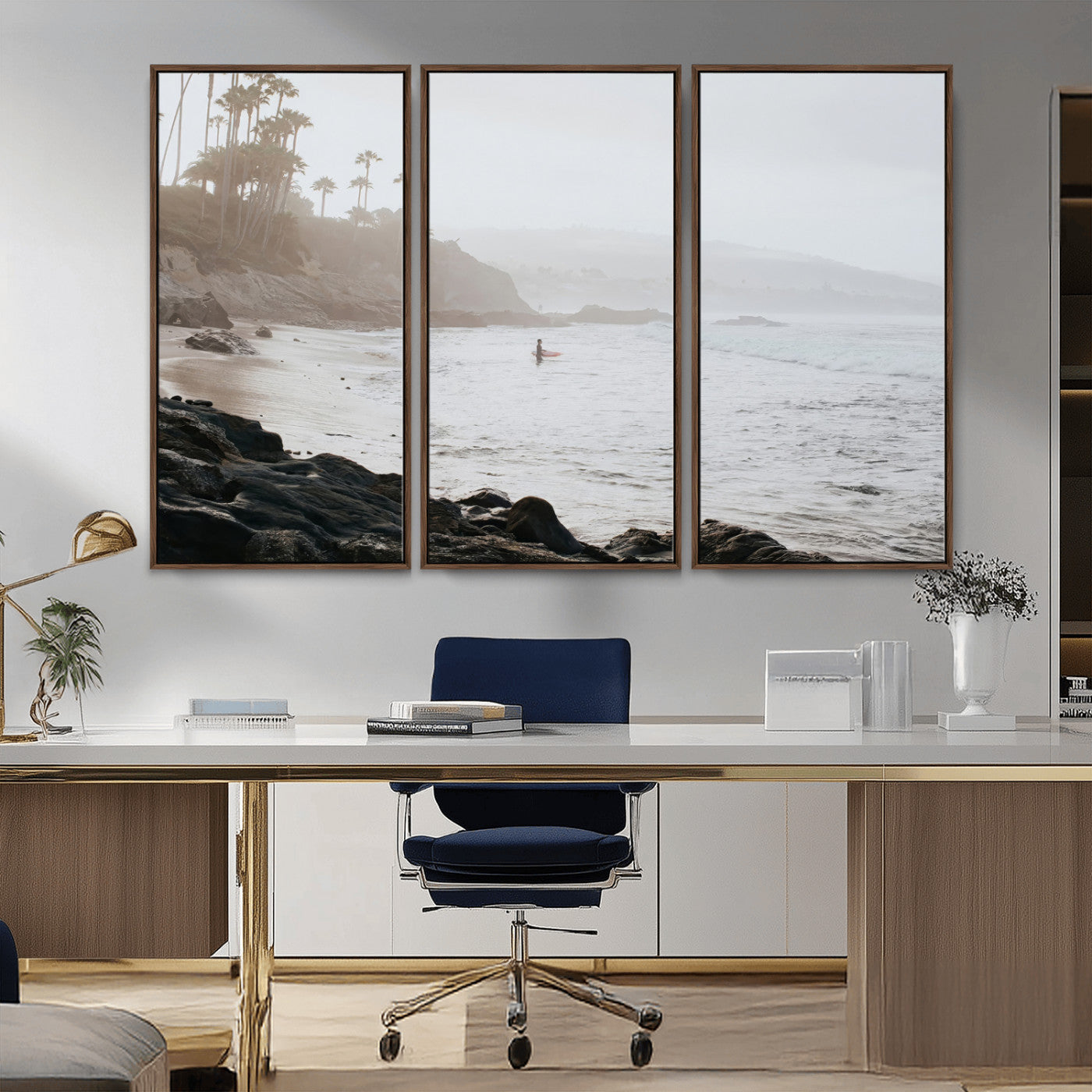 62501405-MGV-FC-48X32-3P_Walnut-Misty Beach Wall Art Canvas Print, Framed California Surfer Art Picture Print, Coastal Cliff Perfect Coastal Beach Decor Artwork