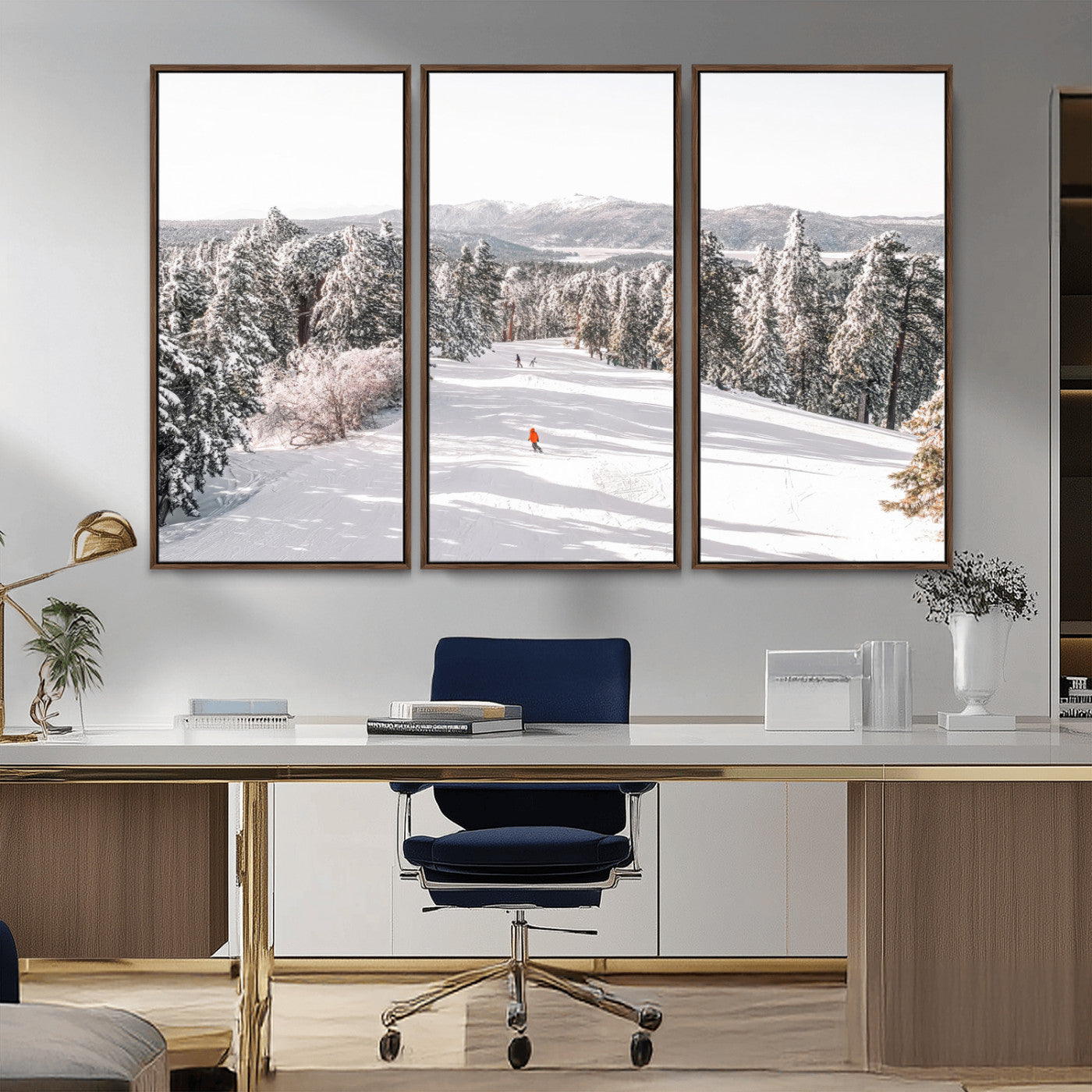 62119206-MGV-CV-36X24-Snowy Trail Wall Art Canvas Print, Framed Ski Slope Art Picture Print, Winter Pines Perfect Alpine Adventure Decor Artwork