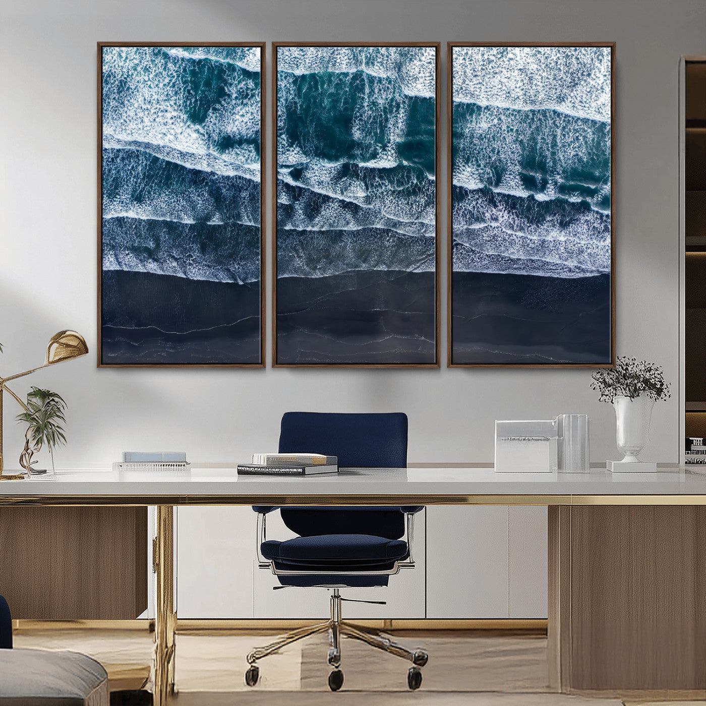 87941475-MGV-CV-36X24-Black Beach Wall Art Canvas Print, Framed Aerial Ocean Art Picture Print, Moody Coastal Perfect Modern Coastal Decor Artwork