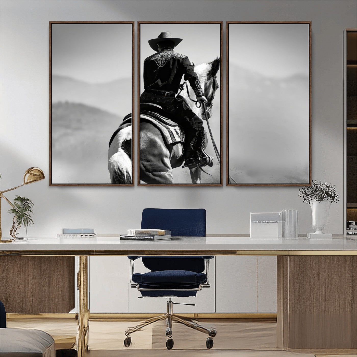 83102464-MGV-FC-48X32-3P_Walnut-Western Cowboy Wall Art Canvas Print, Framed Monochrome Horse Art Picture Print, Western Equestrian Perfect Rustic Western Decor