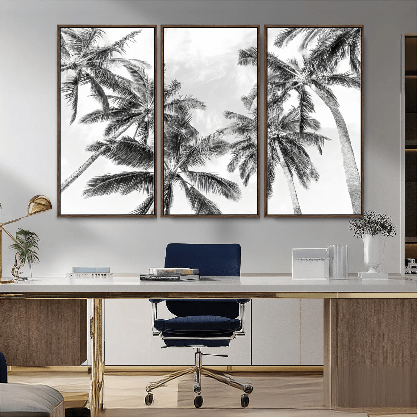 62113786-MGV-CV-36X24-Black White Palm Wall Art Canvas Print, Framed Monochrome Tropics Art Picture Print, Minimalist Beach Perfect Coastal Minimalist
