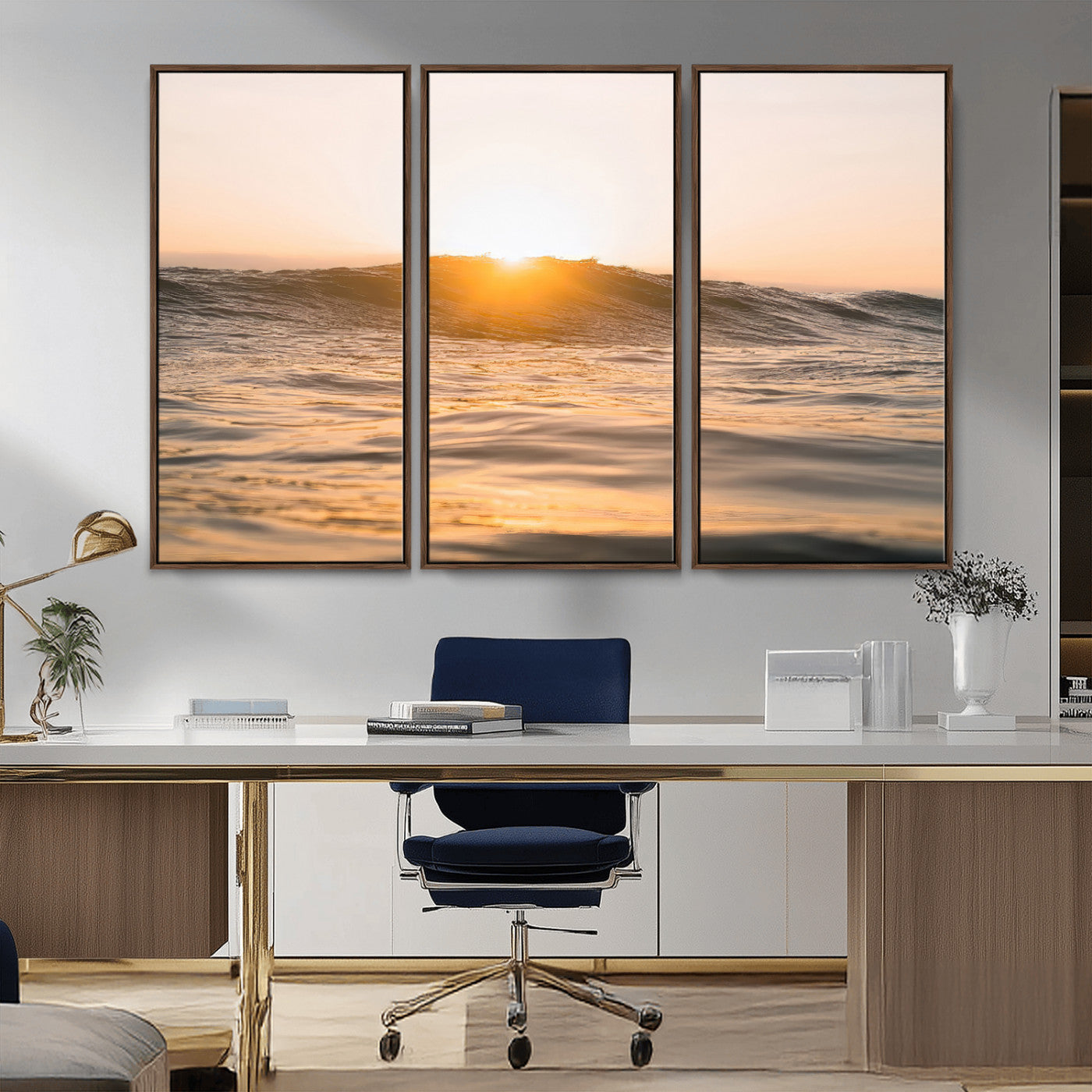 16973771-MGV-CV-36X24-Calm Water Wall Art Canvas Print, Framed Sunset Waves Art Picture Print, Coastal Warmth Perfect Warm Minimalist Decor Artwork