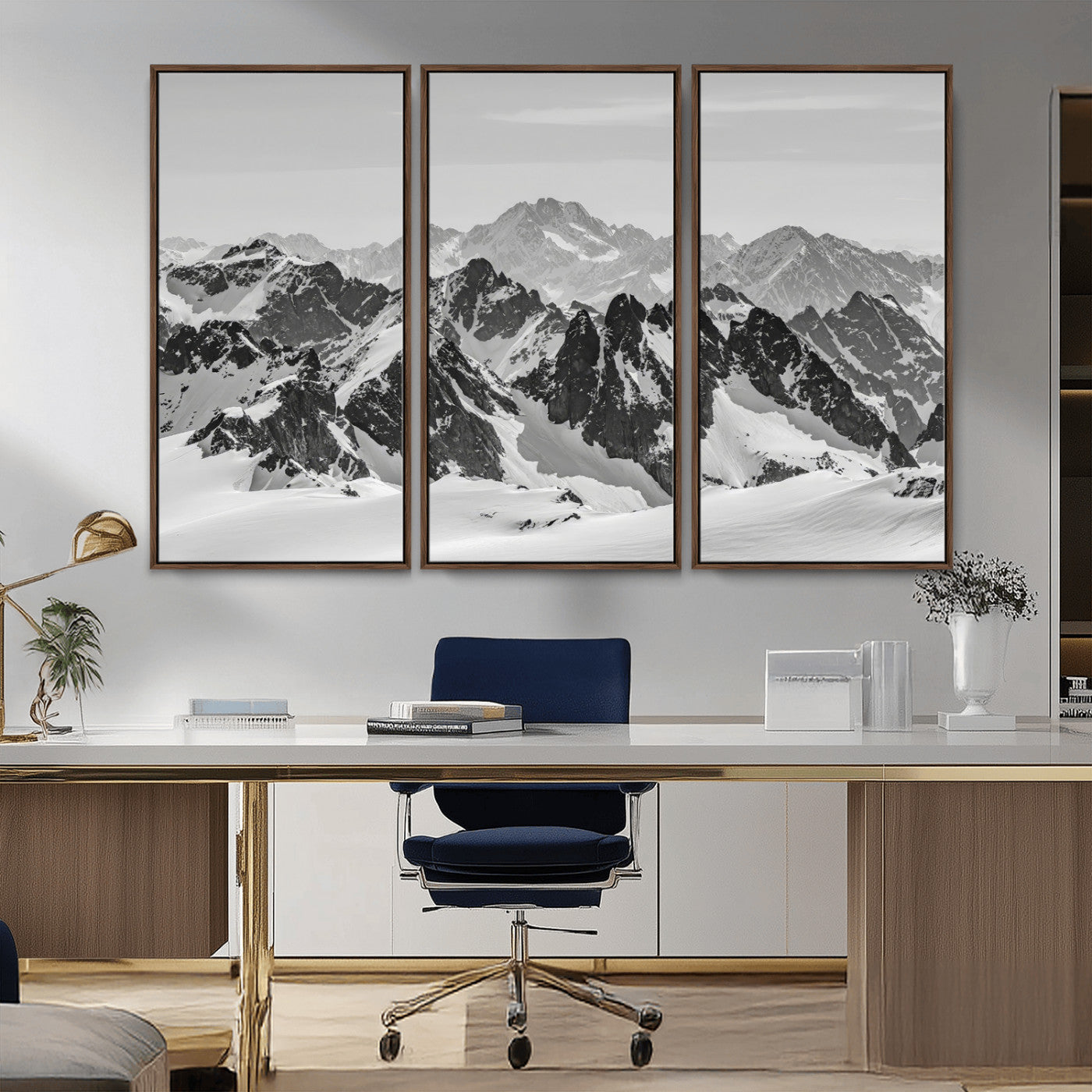 32399691-MGV-FC-48X32-3P_Walnut-Snowy Mountain Wall Art Canvas Print, Framed Mountain Peaks Art Picture Print, Alpine Mountains Perfect Minimalist Alpine Decor