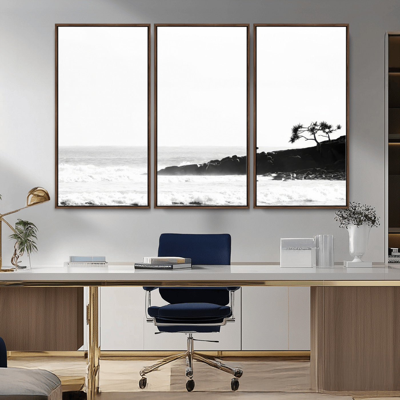 40875891-MGV-CV-36X24-SurferCliffs Wall Art Canvas Print, Framed Black White Beach Art Picture Print, Ocean Waves Perfect Minimalist Coastal Decor