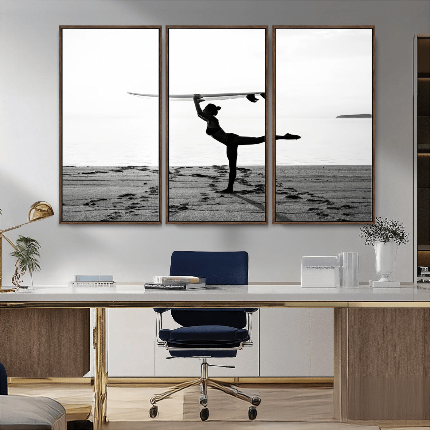28441356-MGV-CV-36X24-Yoga Surf Wall Art Canvas Print, Framed Black White Shore Art Picture Print, Peaceful Ocean Perfect Minimalist Coastal Decor