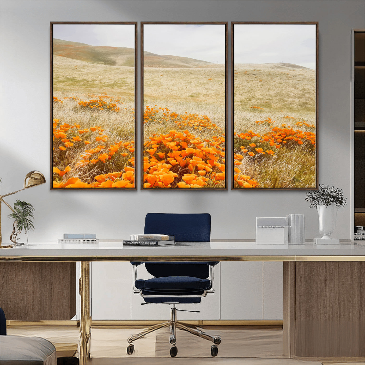 28972262-MGV-FC-48X32-3P_Walnut-Golden Wildflowers Wall Art Canvas Print, Framed Hills Bloom Art Picture Print, Poppy Meadow Perfect Rustic Nature Decor Artwork