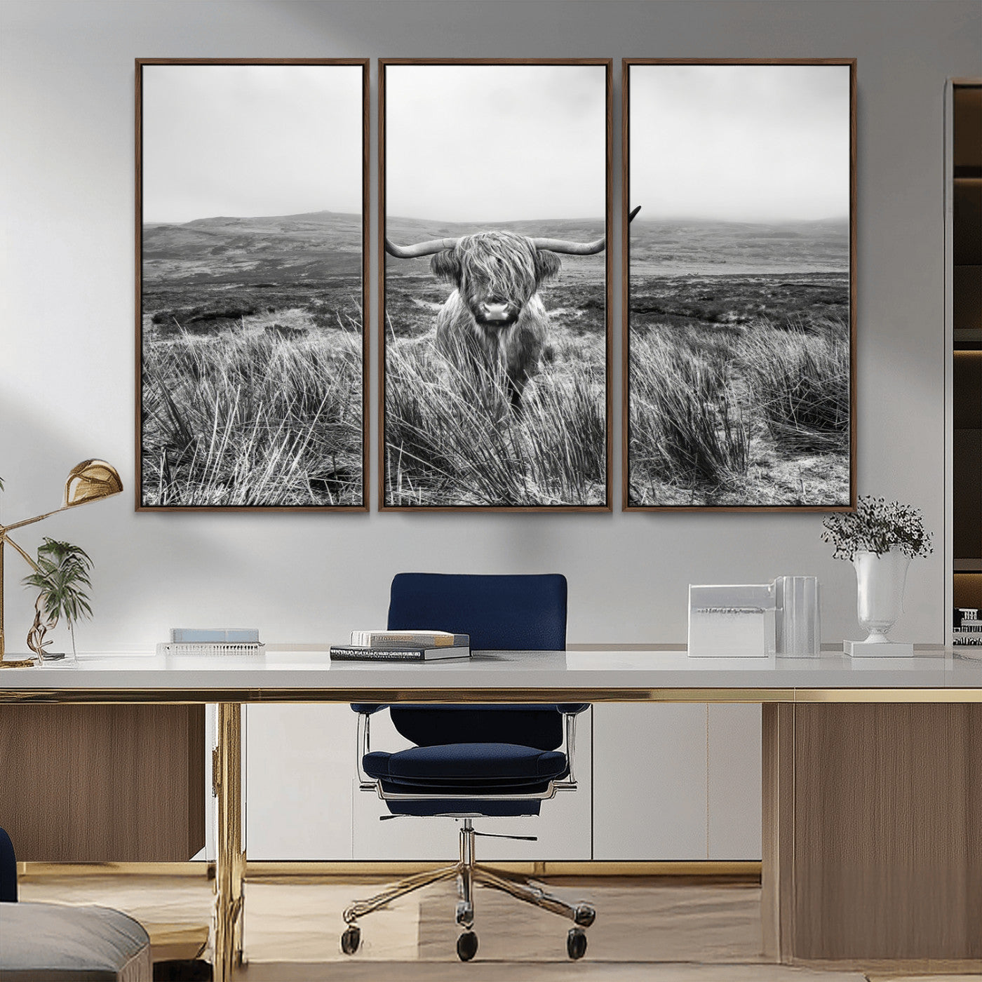 24051061-MGV-CV-36X24-Monochrome Highland Cow Wall Art Canvas Print, Framed Scottish Bull Art Picture Print, Lone Cattle Perfect Rustic Farmhouse Decor