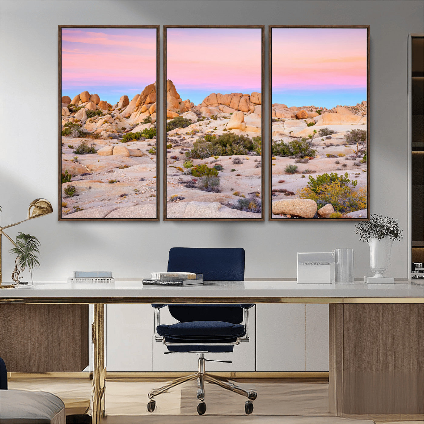 96167137-MGV-FC-48X32-3P_Walnut-Vibrant Sunset Sky Wall Art Canvas Print, Framed Joshua Tree Art Picture Print, Rugged Terrain Perfect Southwestern Boho Decor