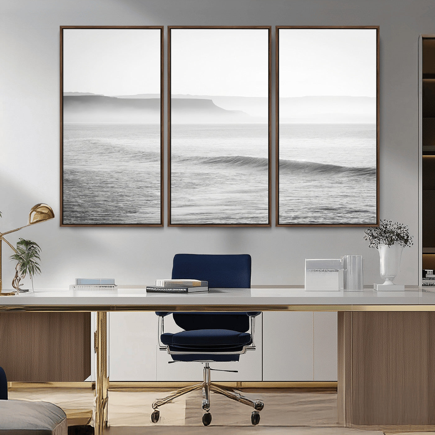 60635783-MGV-CV-36X24-Black White Seascape Wall Art Canvas Print, Framed Ocean Waves Art Picture Print, Misty Coastal Perfect Minimalist Coastal Decor