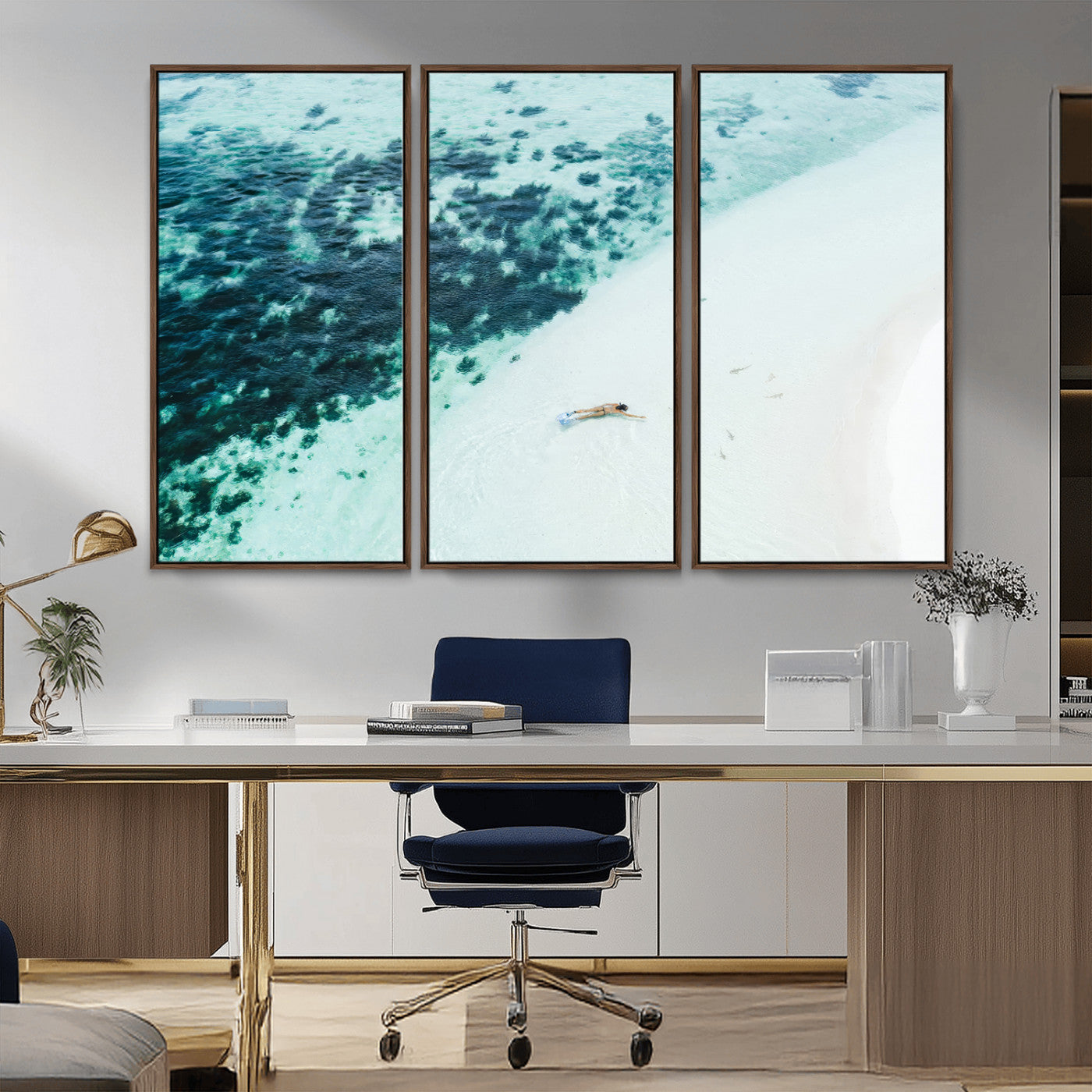 33764764-MGV-CV-36X24-Minimal Beach Wall Art Canvas Print, Framed Ocean Swimming Art Picture Print, Clear Ocean Perfect Minimal Coastal Decor Artwork