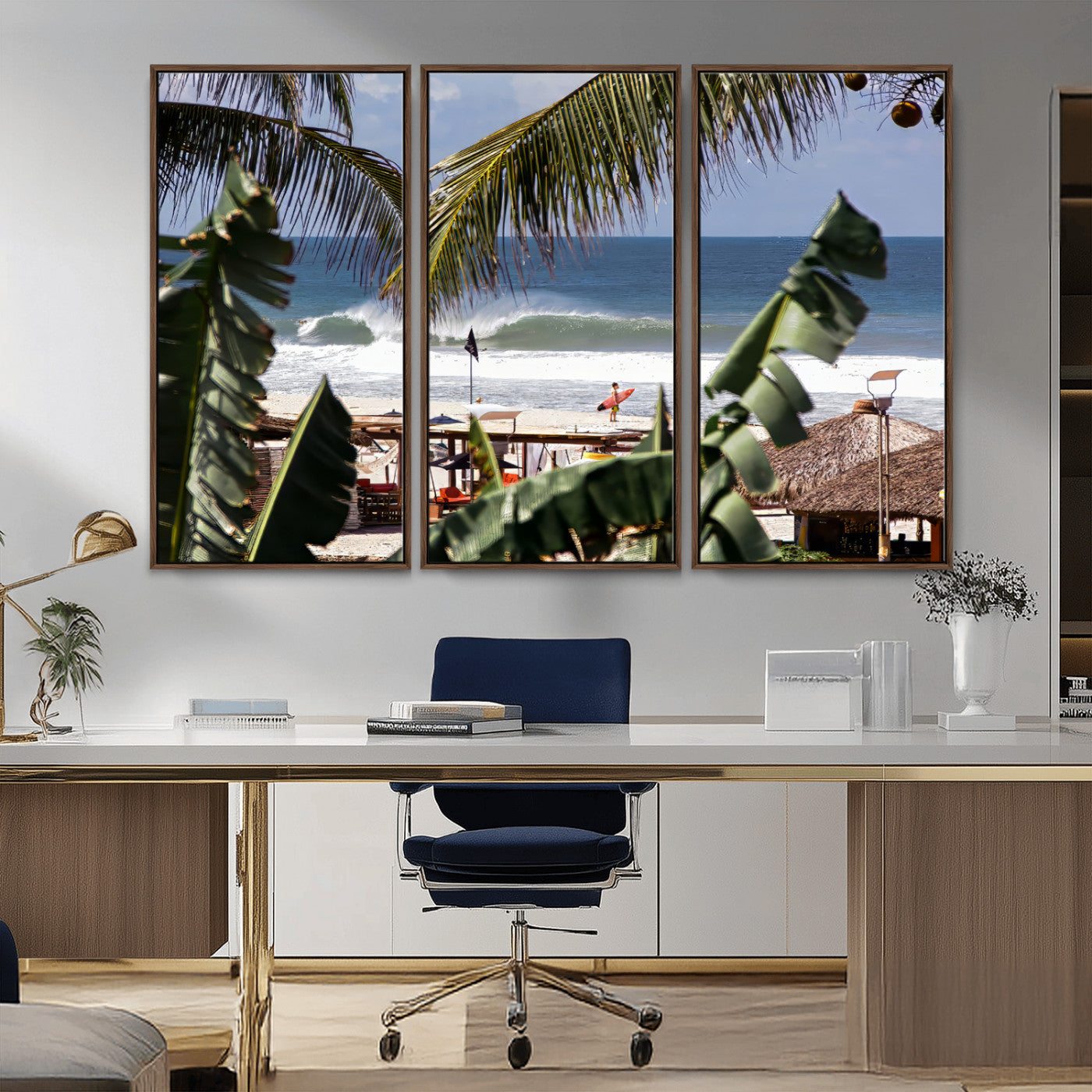 34722557-MGV-CV-36X24-Tropical Shoreline Wall Art Canvas Print, Framed Surfer Beach Art Picture Print, Coastal Surf Perfect Tropical Coastal Decor