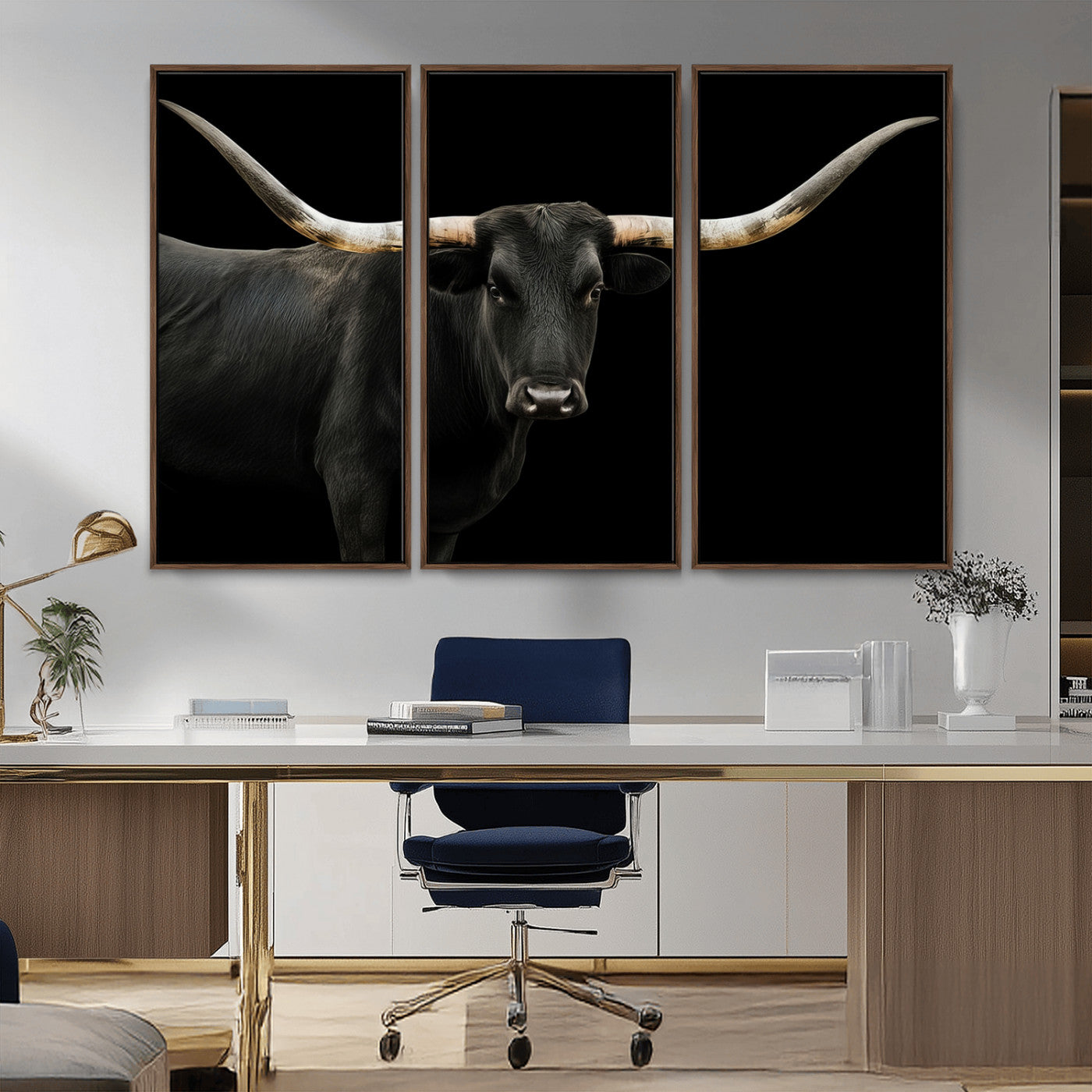 99448328-MGV-CV-36X24-Longhorn Cattle Wall Art Canvas Print, Framed Texas Ranch Art Picture Print, Western Cow Perfect Farmhouse Decor Artwork