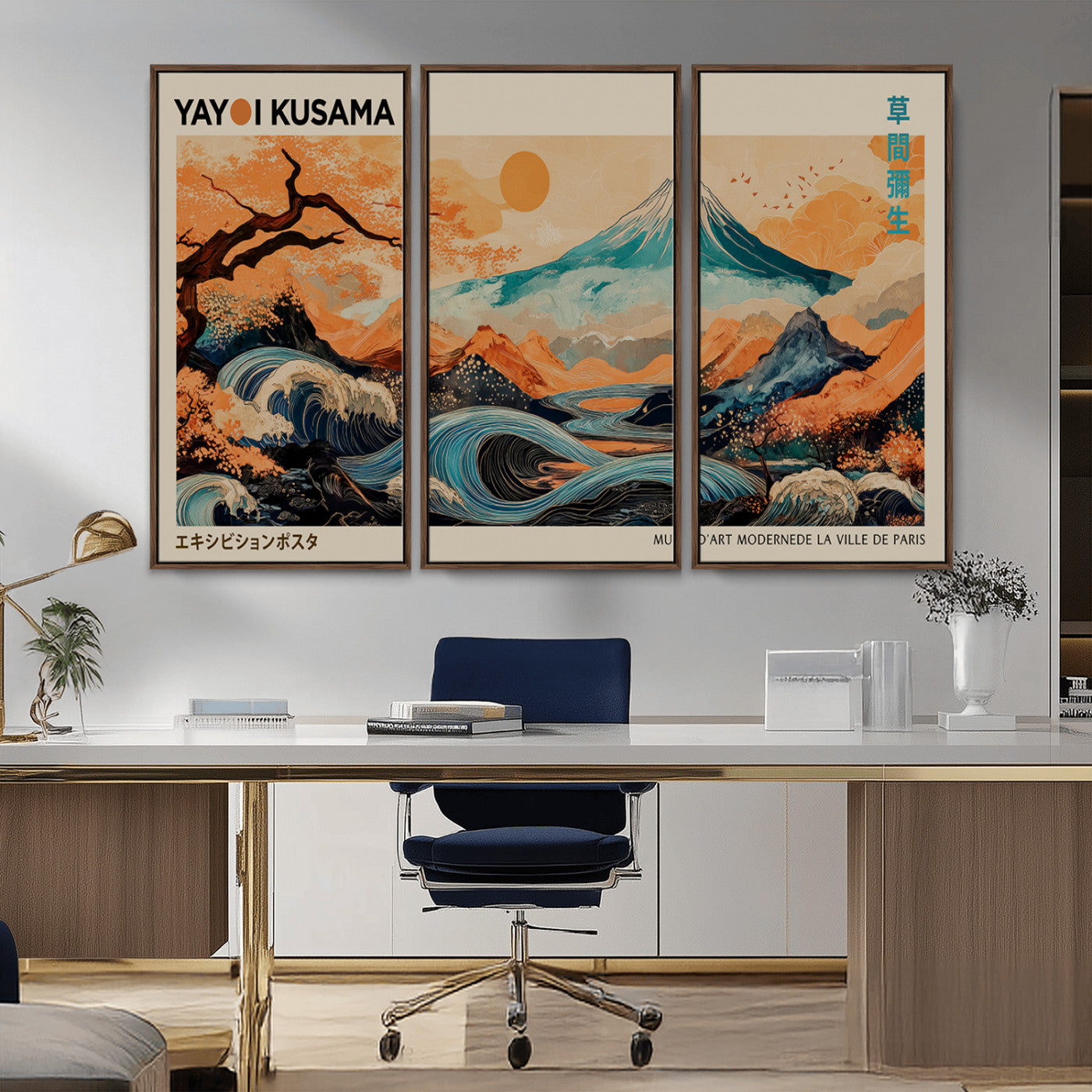 22373530-MGV-FC-48X32-3P_Walnut-Japanese Mt Fuji Wave Art Print – Ukiyo e Inspired Sun & Cherry Blossom Poster, Traditional Asian Landscape Painting, Modern