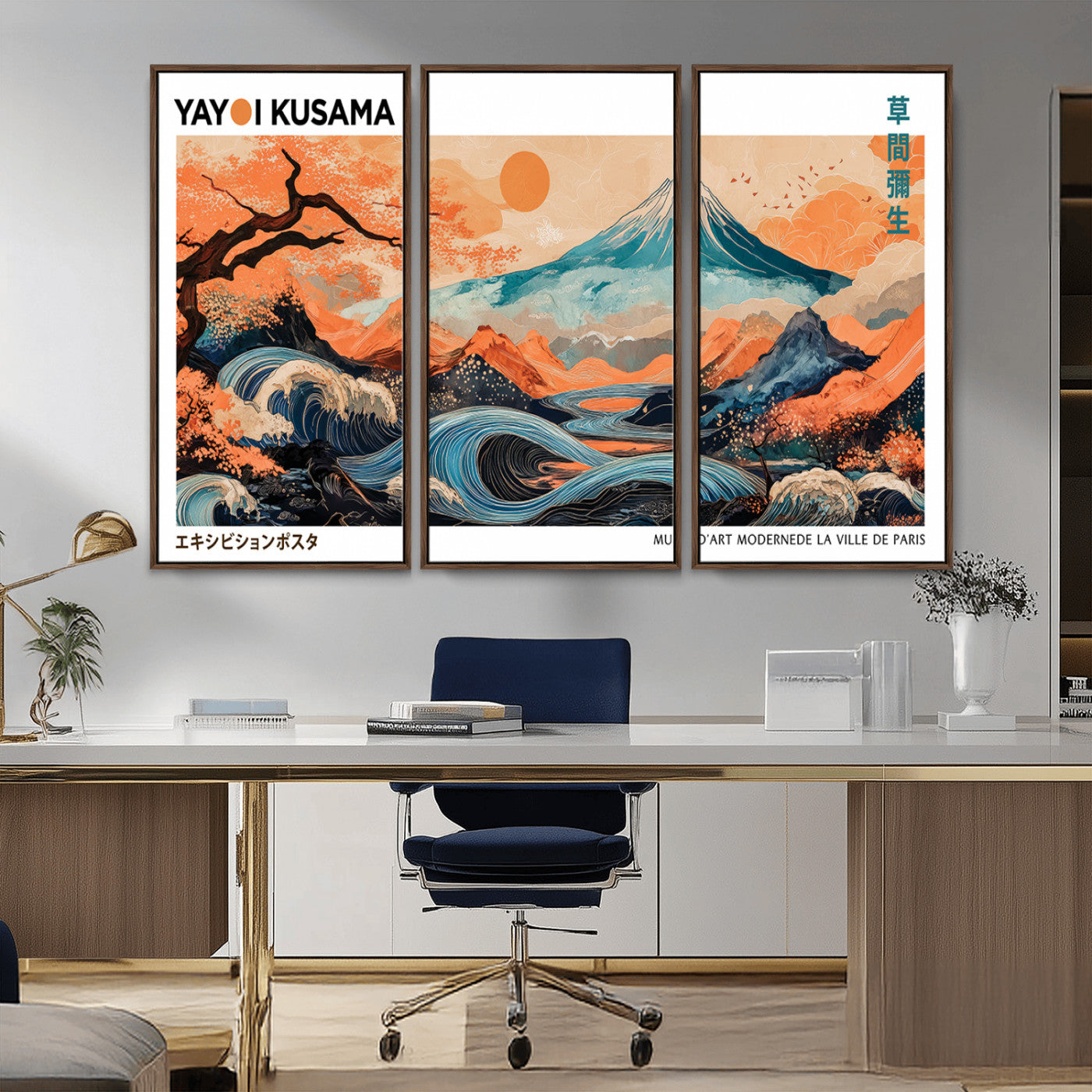 88785870-MGV-FC-48X32-3P_Walnut-Japanese Great Wave & Mt Fuji Wall Art – Ukiyo e Style Landscape Print with Flowing River, Autumn Mountain Poster, Oriental Asian