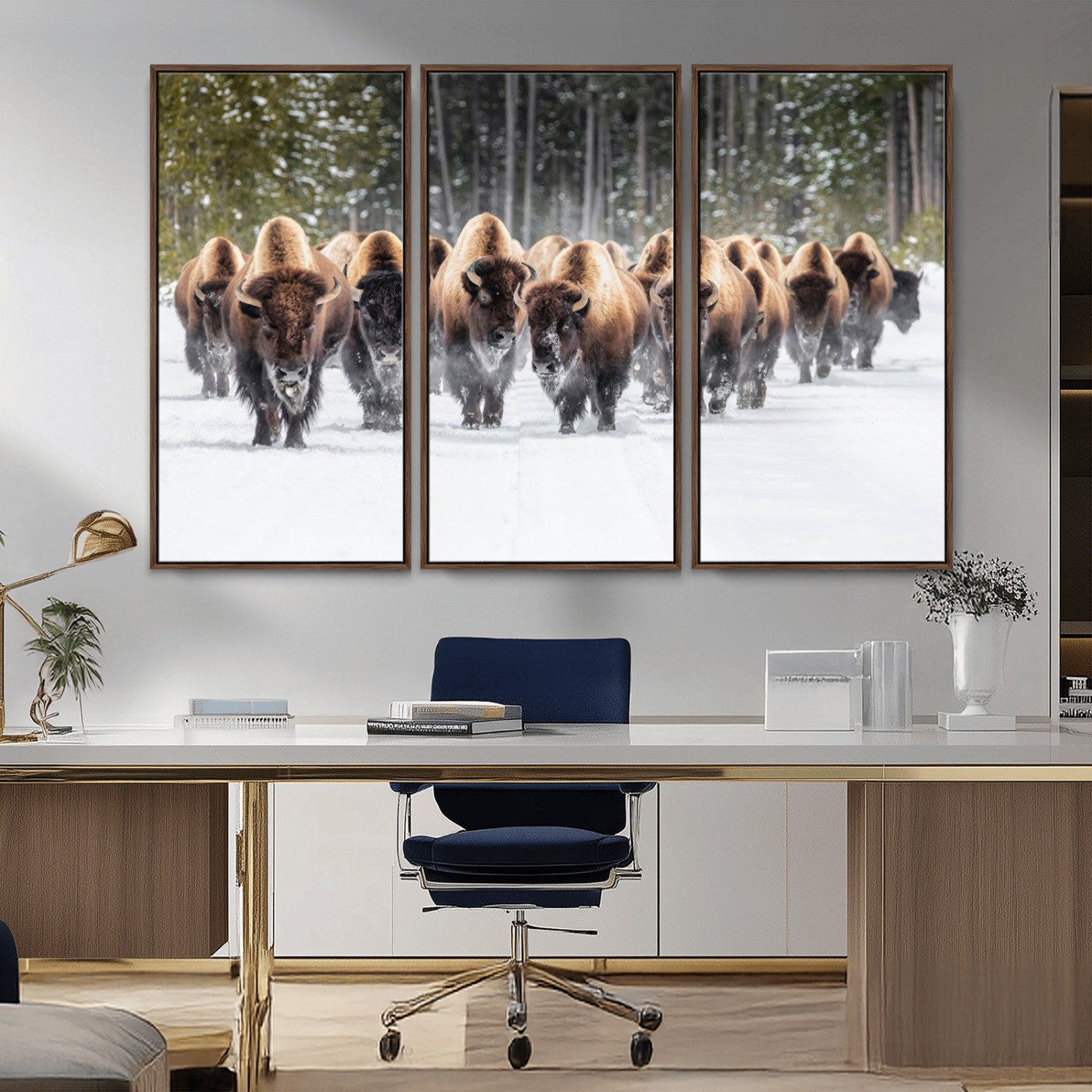 22695857-MGV-CV-36X24-Bison Herd Scene Wall Art Canvas Print, Framed Western Wildlife Art Picture Print, Rustic Animal Art Perfect Rustic Lodge Decor
