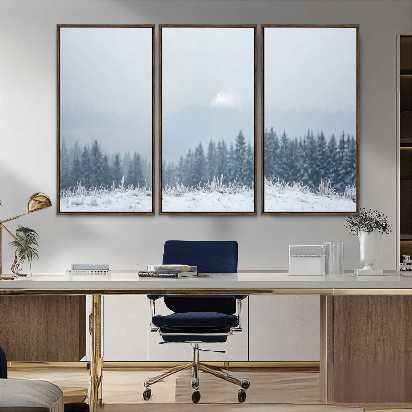 33033082-MGV-CV-36X24-Winter Forest Art Wall Art Canvas Print, Framed Snowy Landscape Art Picture Print, Misty Tree Scene Perfect Nordic Minimalist