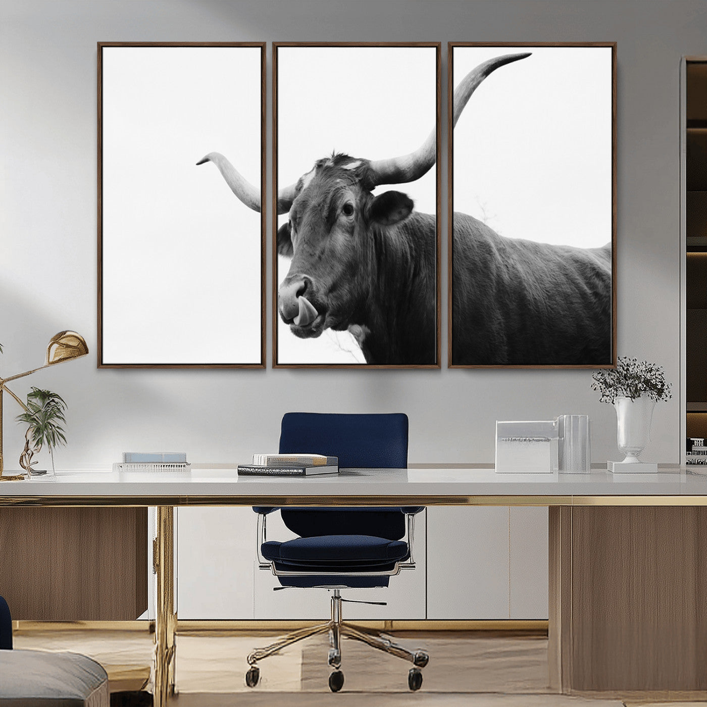 99244177-MGV-CV-36X24-Longhorn Photography Wall Art Canvas Print, Framed Western Cow Decor Art Picture Print, Black White Bull Perfect Modern Rustic
