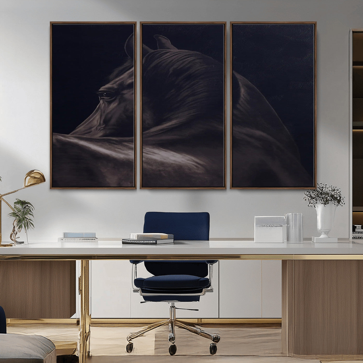 67026880-MGV-CV-36X24-Black Horse Portrait Wall Art Canvas Print, Framed Moody Horse Decor Art Picture Print, Equestrian Wall Style Perfect Masculine