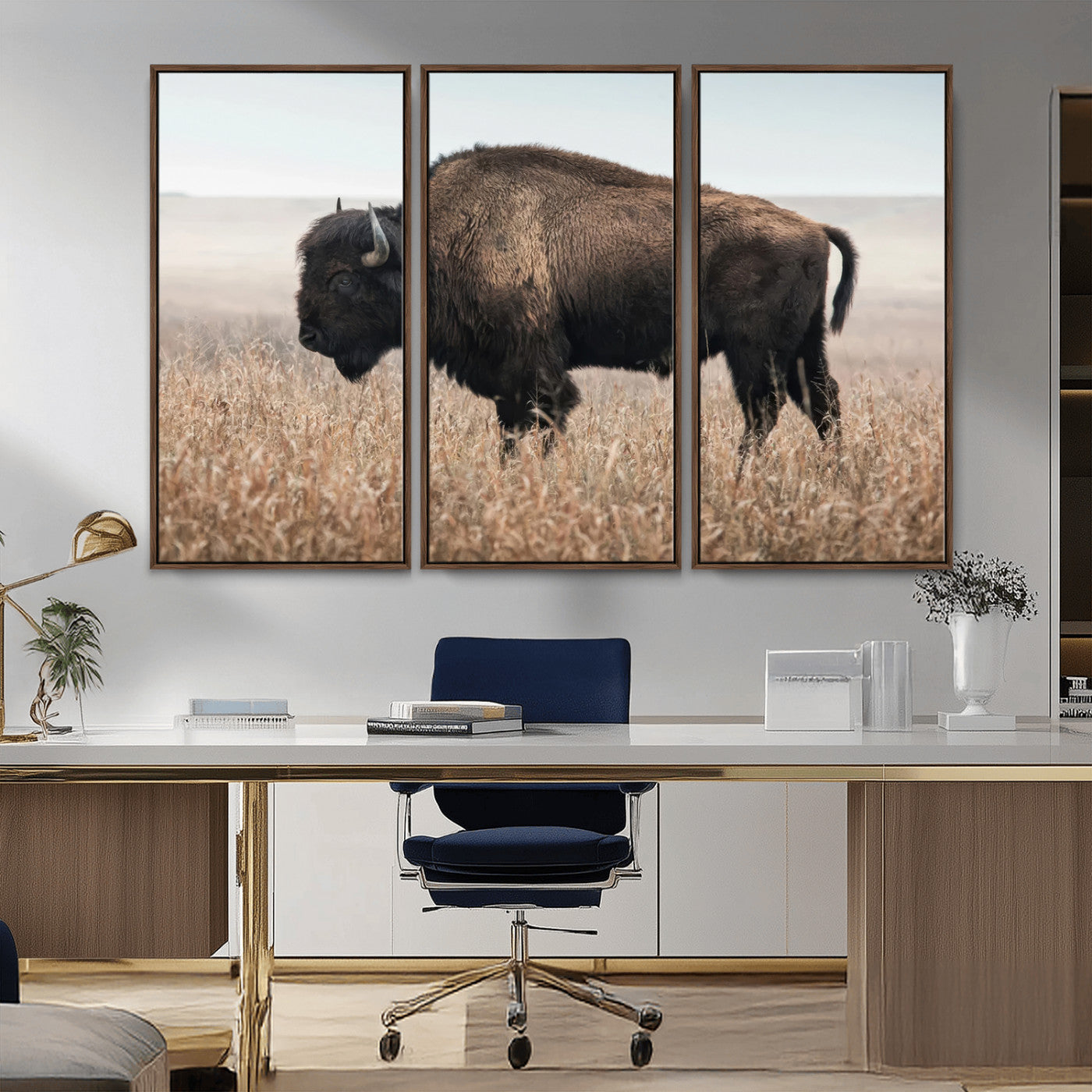 34451925-MGV-FC-48X32-3P_Walnut-Rustic Bison Decor Wall Art Canvas Print, Framed Buffalo Home Accent Art Picture Print, Prairie Wildlife Scene Perfect Western