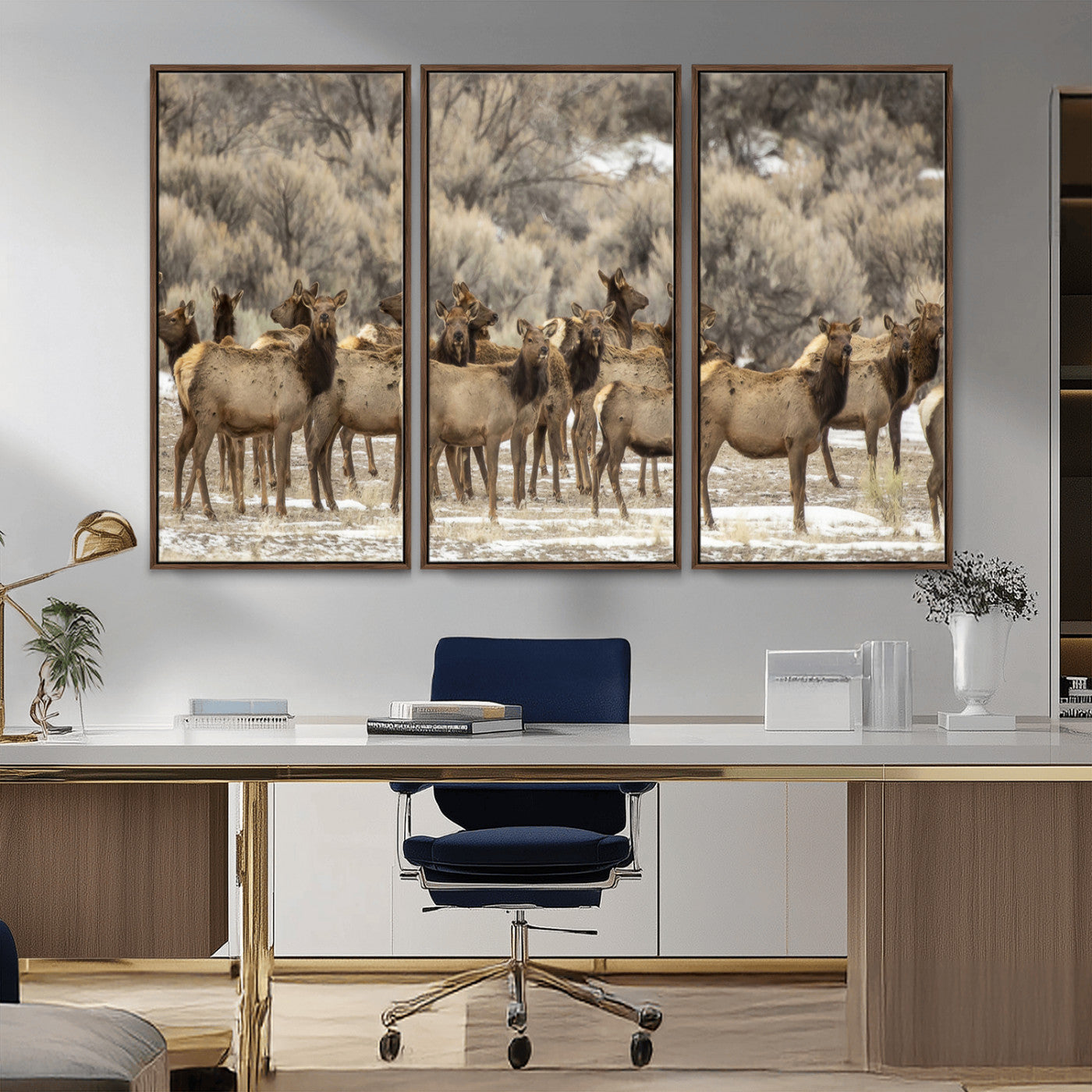 90269422-MGV-FC-48X32-3P_Walnut-Elk Herd Scene Wall Art Canvas Print, Framed Rustic Wildlife Decor Art Picture Print, Western Cabin Style Perfect Rustic Lodge