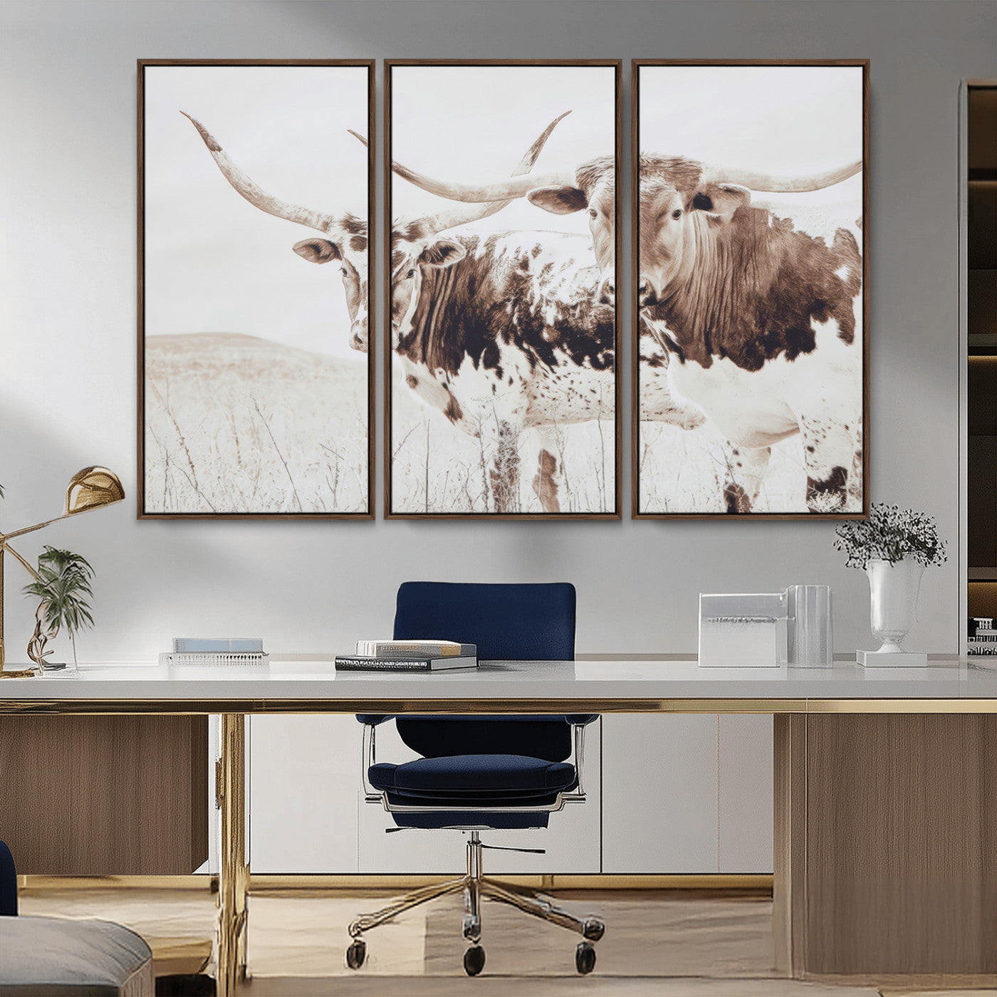 48161868-MGV-CV-36X24-Longhorn Cow Decor Wall Art Canvas Print, Framed Rustic Cattle Art Picture Print, Sepia Western Vibe Perfect Neutral Rustic