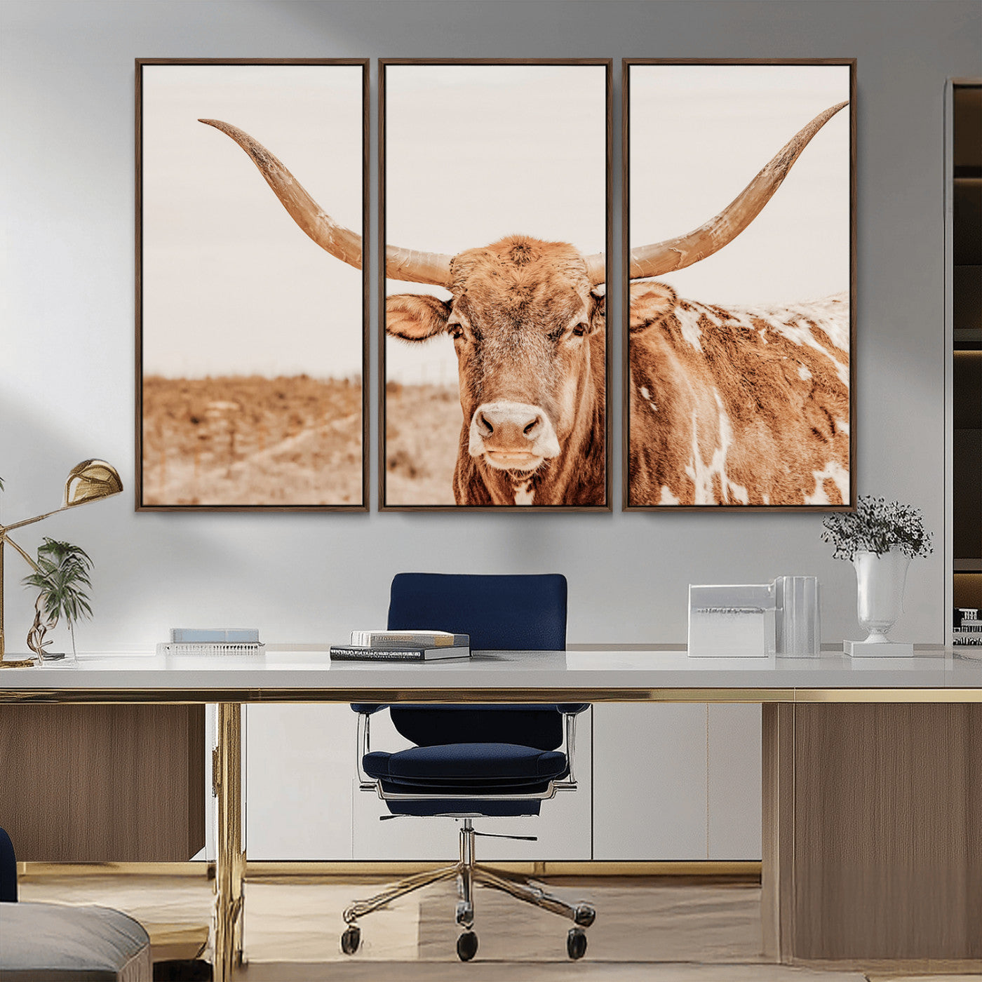 74406977-MGV-CV-36X24-Longhorn Bull Decor Wall Art Canvas Print, Framed Western Cow Theme Art Picture Print, Rustic Farmhouse Wall Perfect Neutral